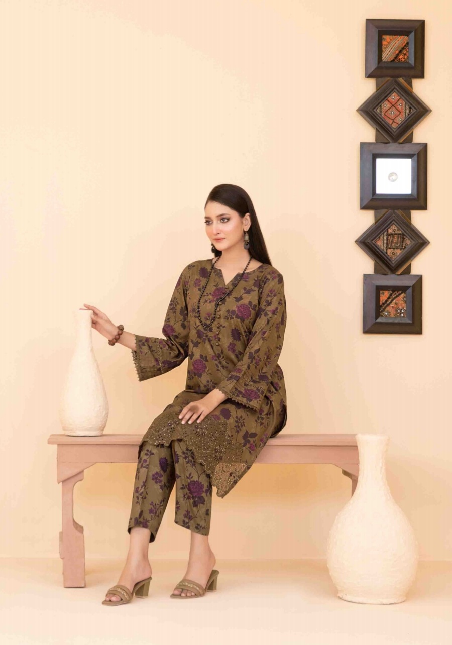 2 Piece Embroidered Digital Printed Staple Co-ord Set D-02