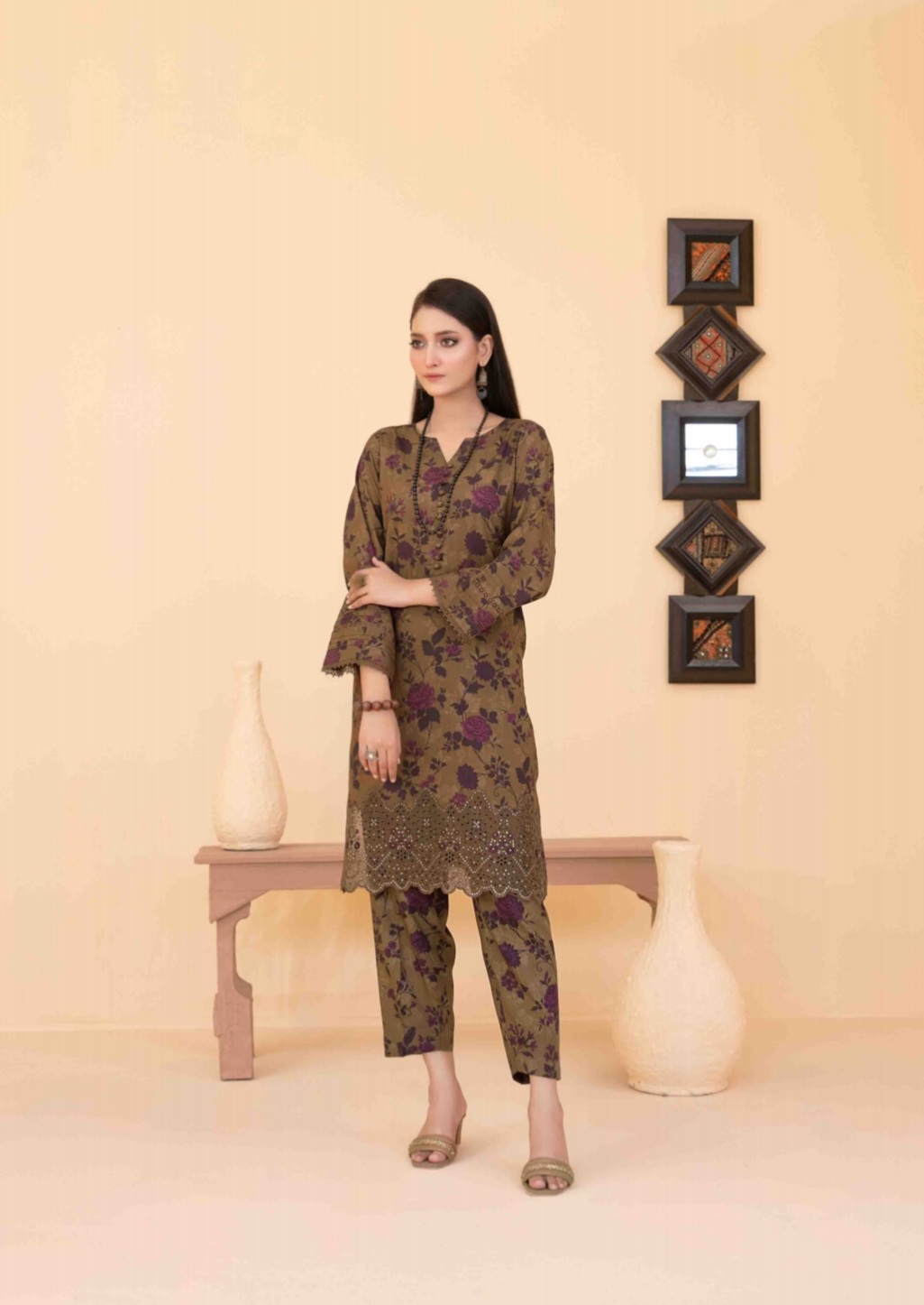 2 Piece Embroidered Digital Printed Staple Co-ord Set D-02