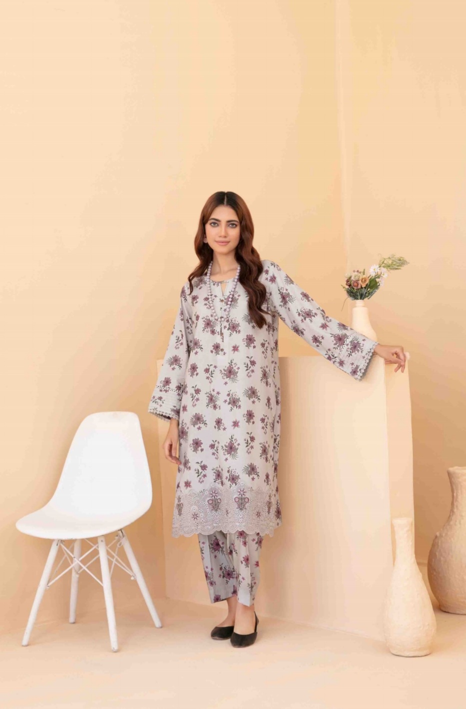2 Piece Embroidered Digital Printed Staple Co-ord Set D-04