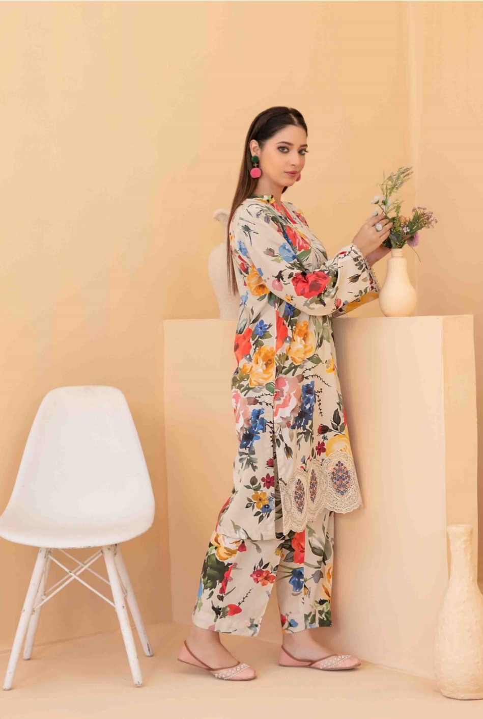2 Piece Embroidered Digital Printed Staple Co-ord Set