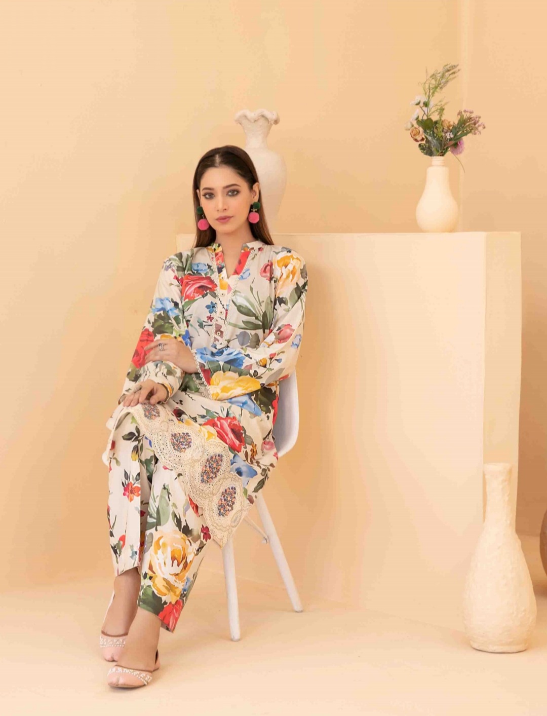 2 Piece Embroidered Digital Printed Staple Co-ord Set