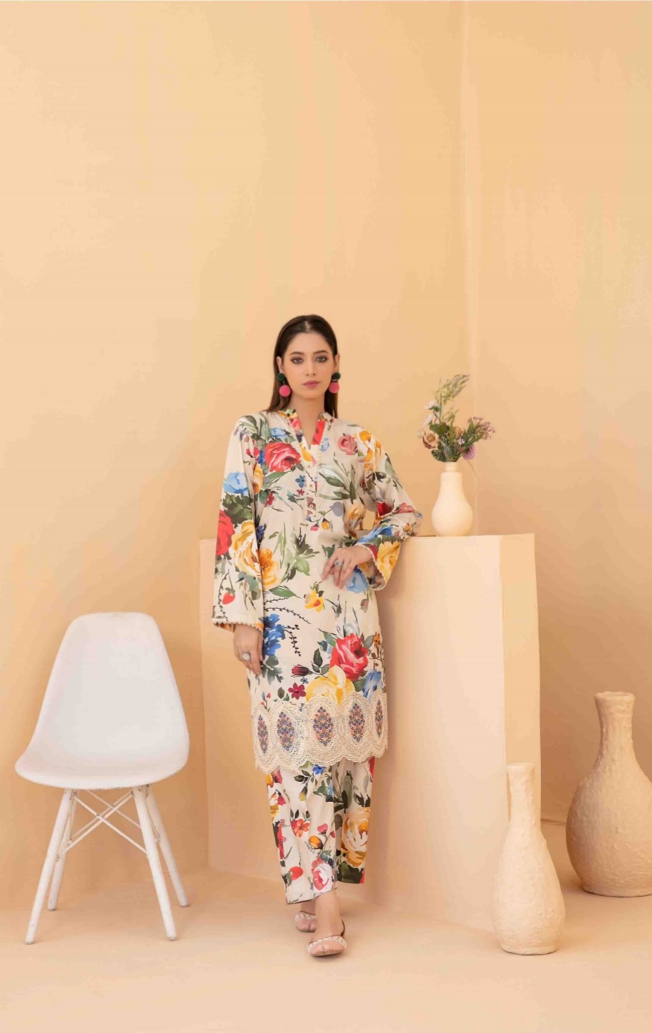 2 Piece Embroidered Digital Printed Staple Co-ord Set