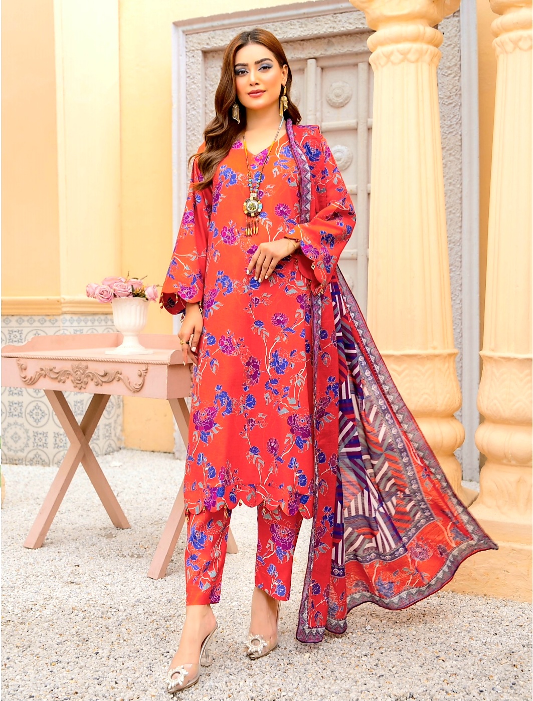 3 Piece Un-Stitched Digital Printed Bana Dora Linen Suite D-06
