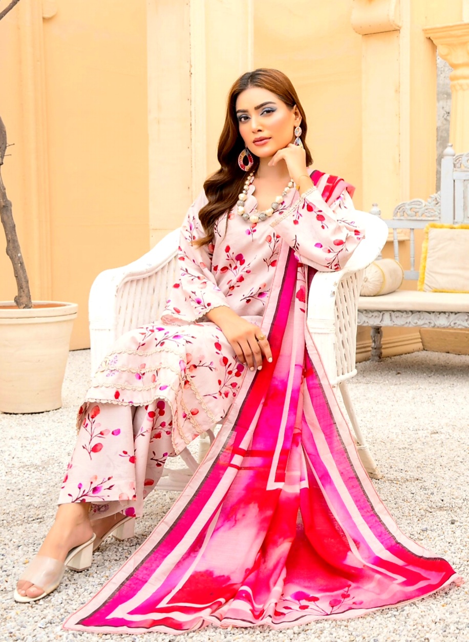 3 Piece Un-Stitched Digital Printed Bana Dora Linen Suite D-02