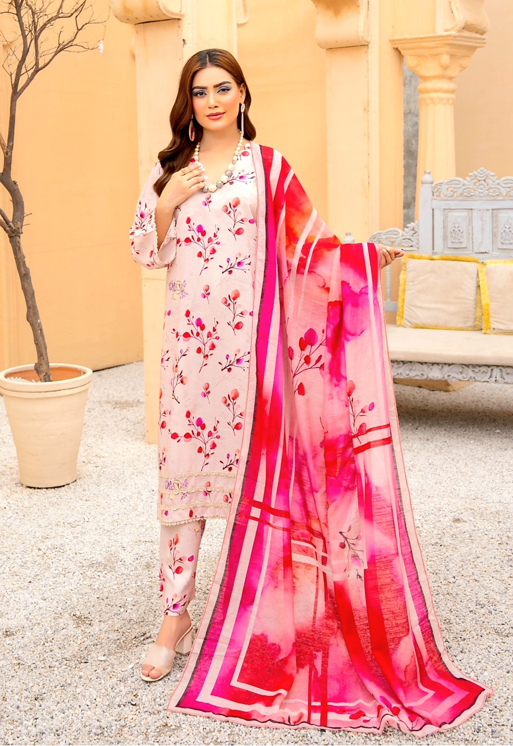 3 Piece Un-Stitched Digital Printed Bana Dora Linen Suite D-02