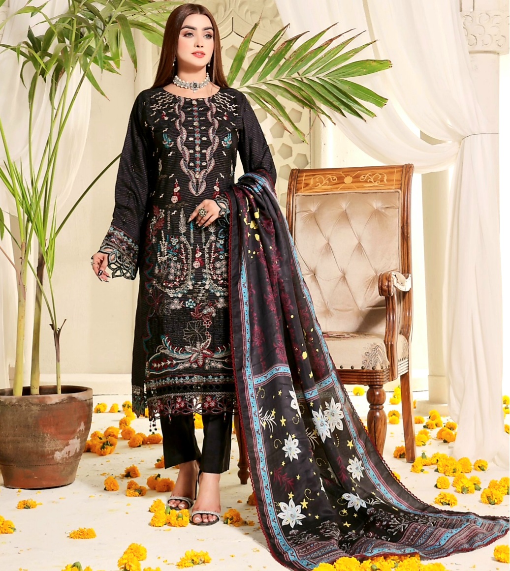 3 Piece Un-Stitched Embroidered Zari Viscose Dress