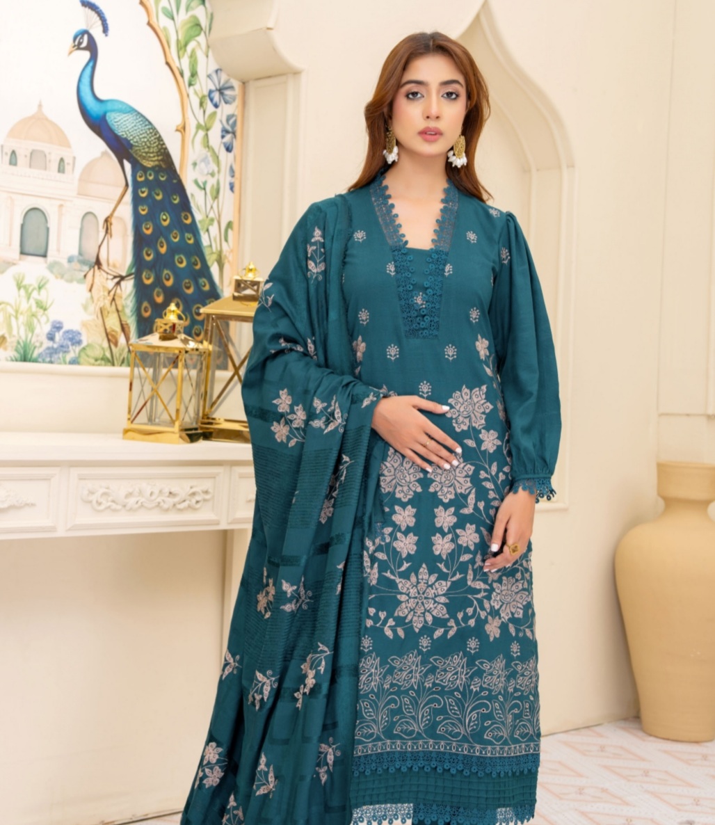 3 Piece Premium Embroidered Un-Stitched Dhanak Dress D-07