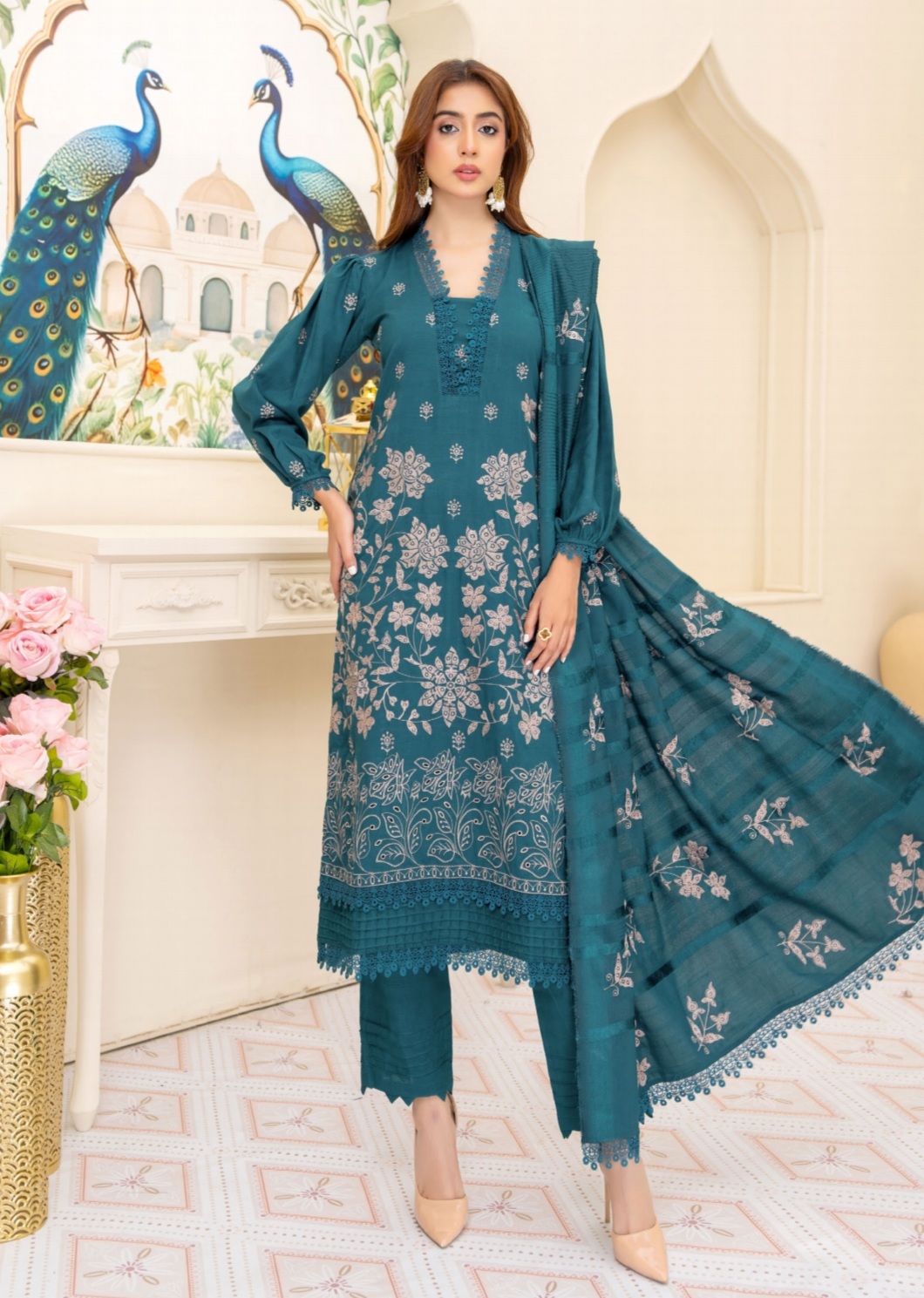 3 Piece Premium Embroidered Un-Stitched Dhanak Dress D-07