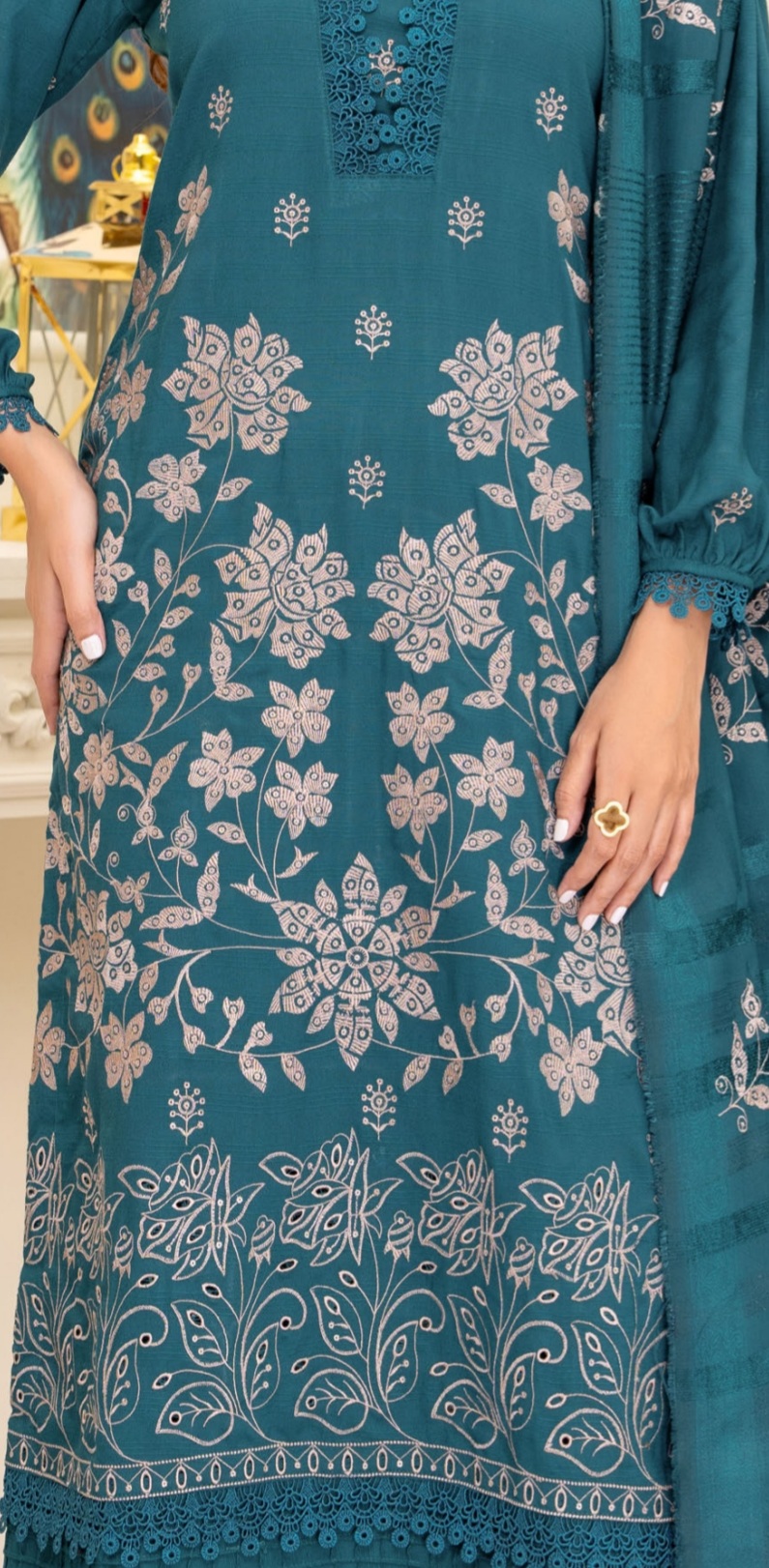 3 Piece Premium Embroidered Un-Stitched Dhanak Dress D-07