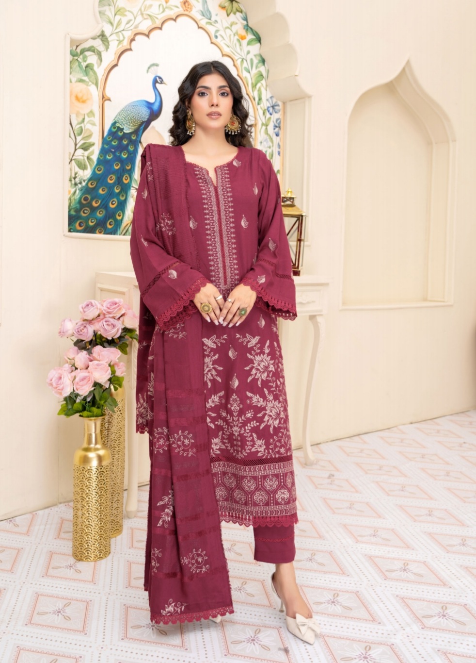 3 Piece Premium Embroidered Un-Stitched Dhanak Dress D-06
