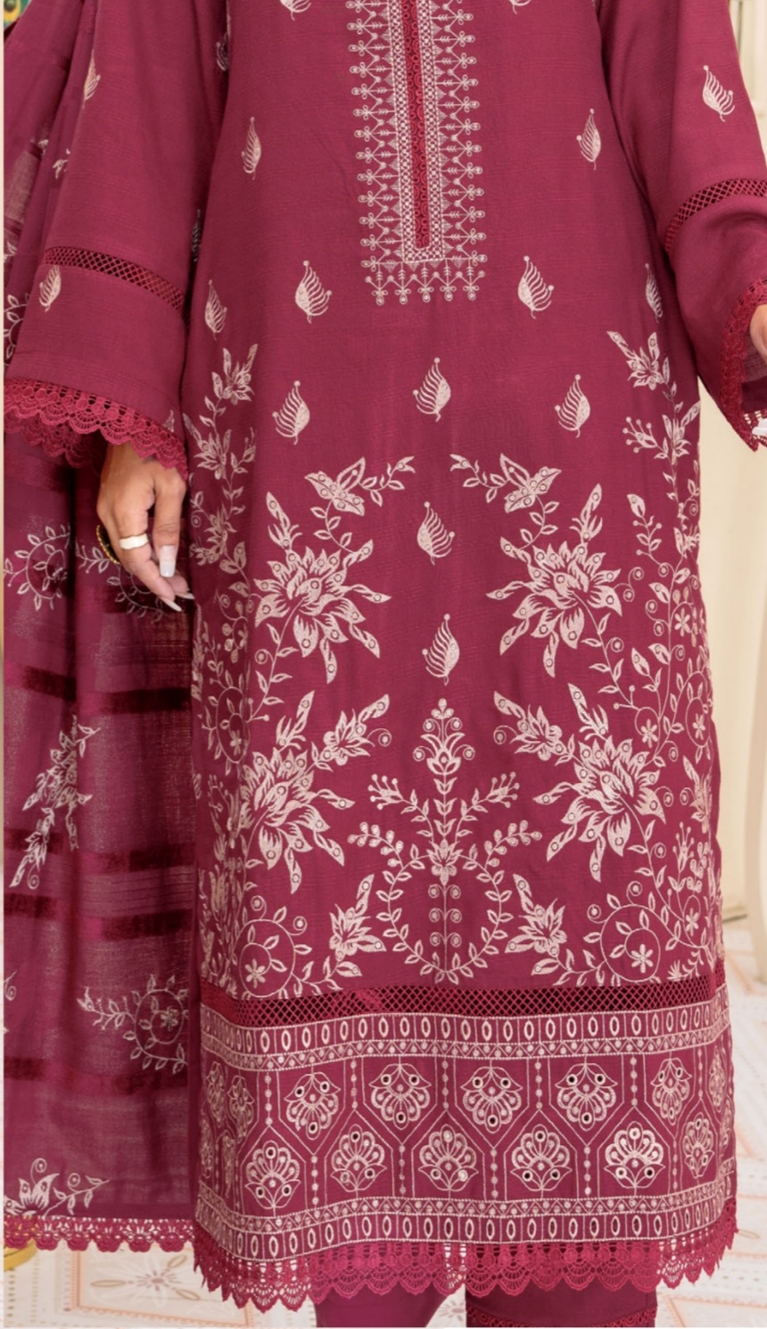 3 Piece Premium Embroidered Un-Stitched Dhanak Dress D-06