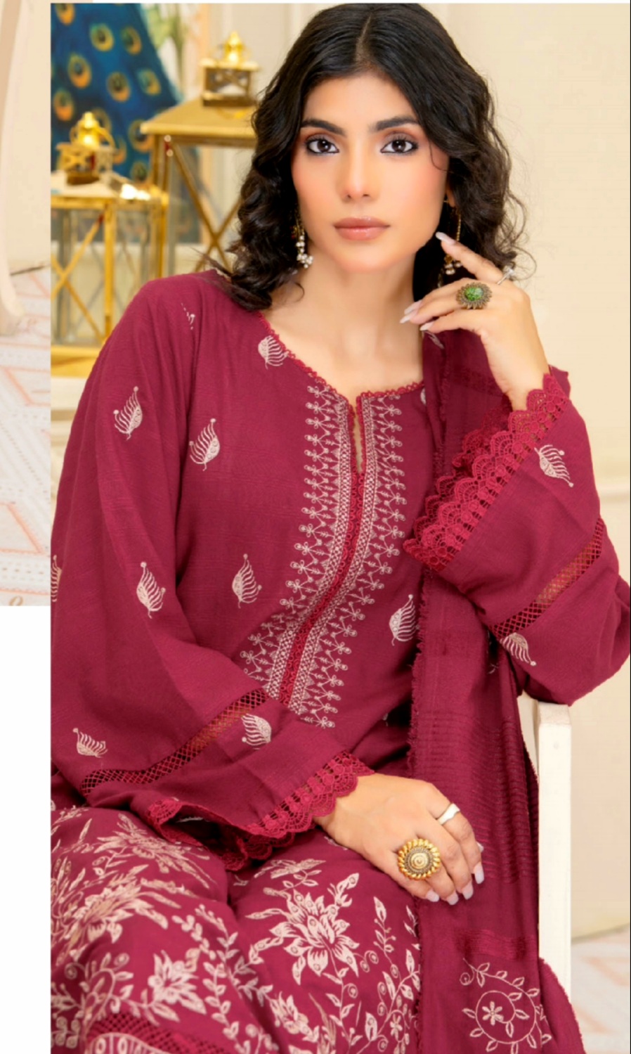 3 Piece Premium Embroidered Un-Stitched Dhanak Dress D-06