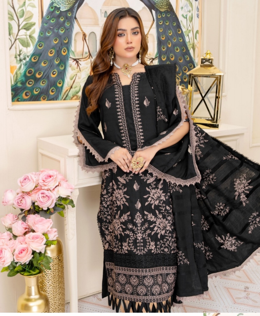 3 Piece Premium Embroidered Un-Stitched Dhanak Dress D-05