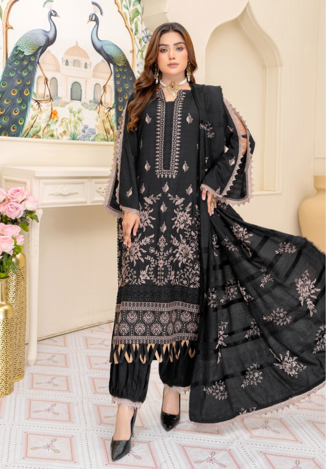 3 Piece Premium Embroidered Un-Stitched Dhanak Dress D-05