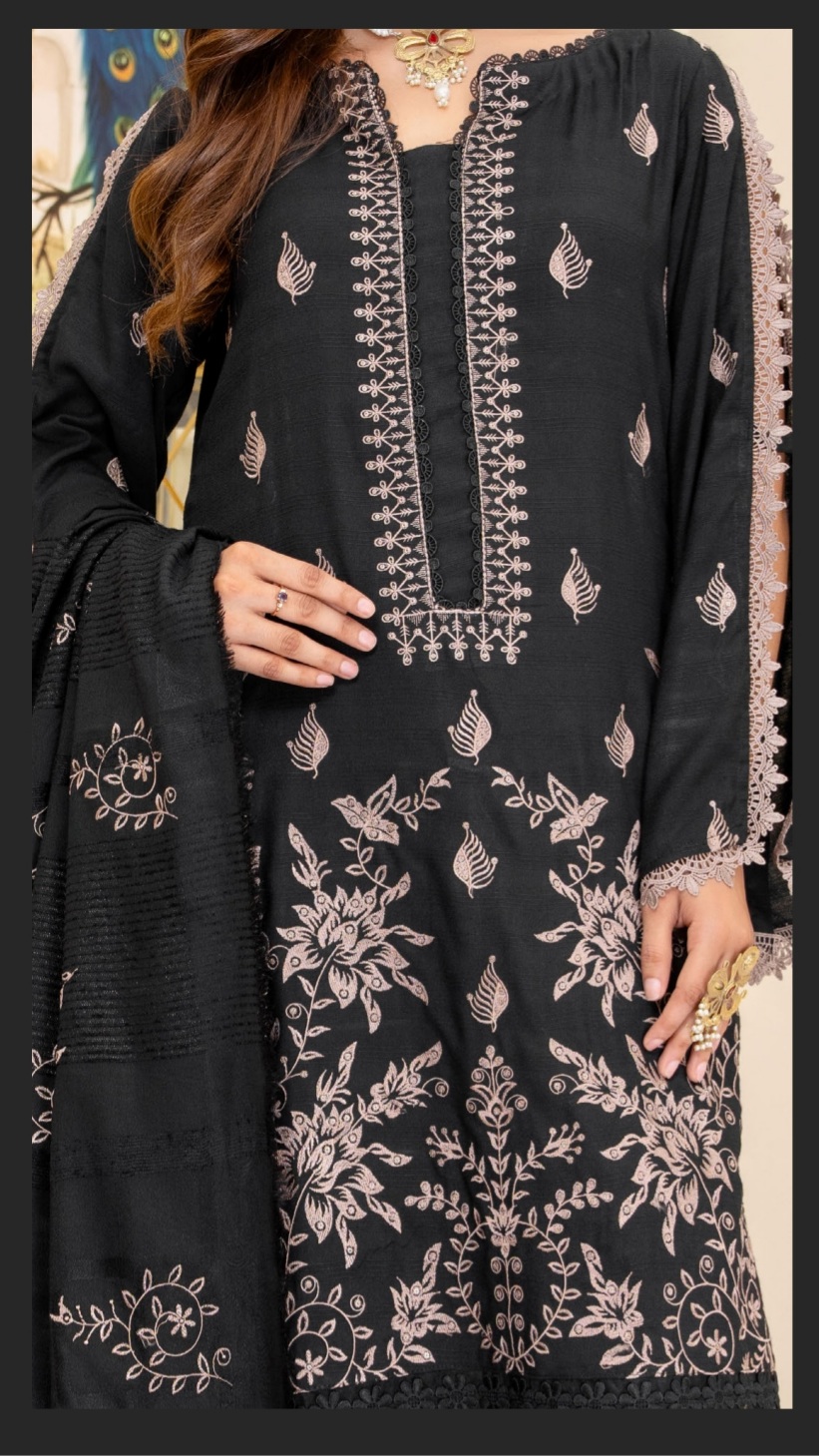 3 Piece Premium Embroidered Un-Stitched Dhanak Dress D-05