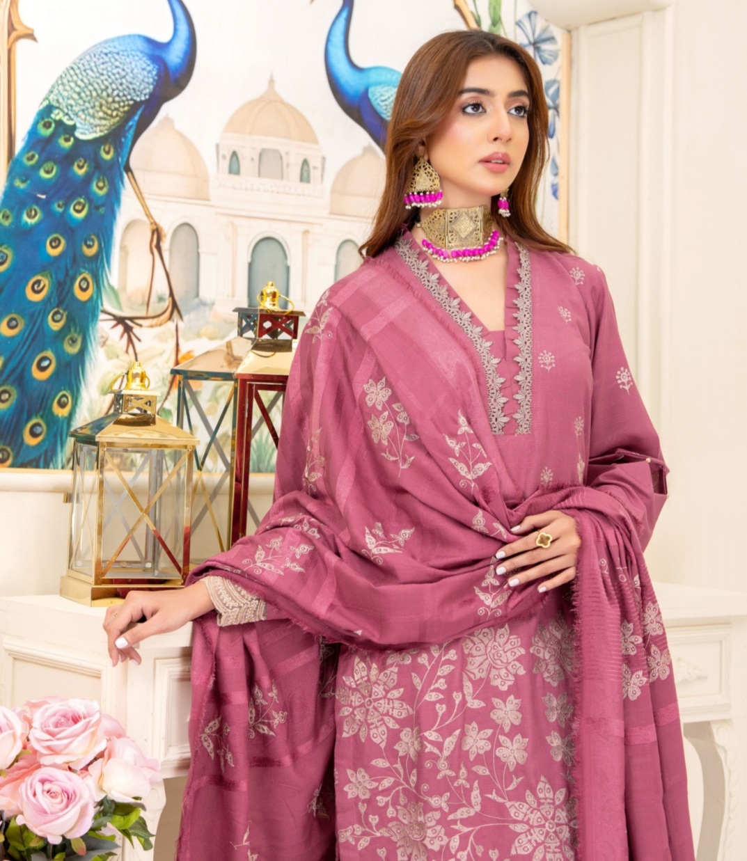 3 Piece Premium Embroidered Un-Stitched Dhanak Dress D-04
