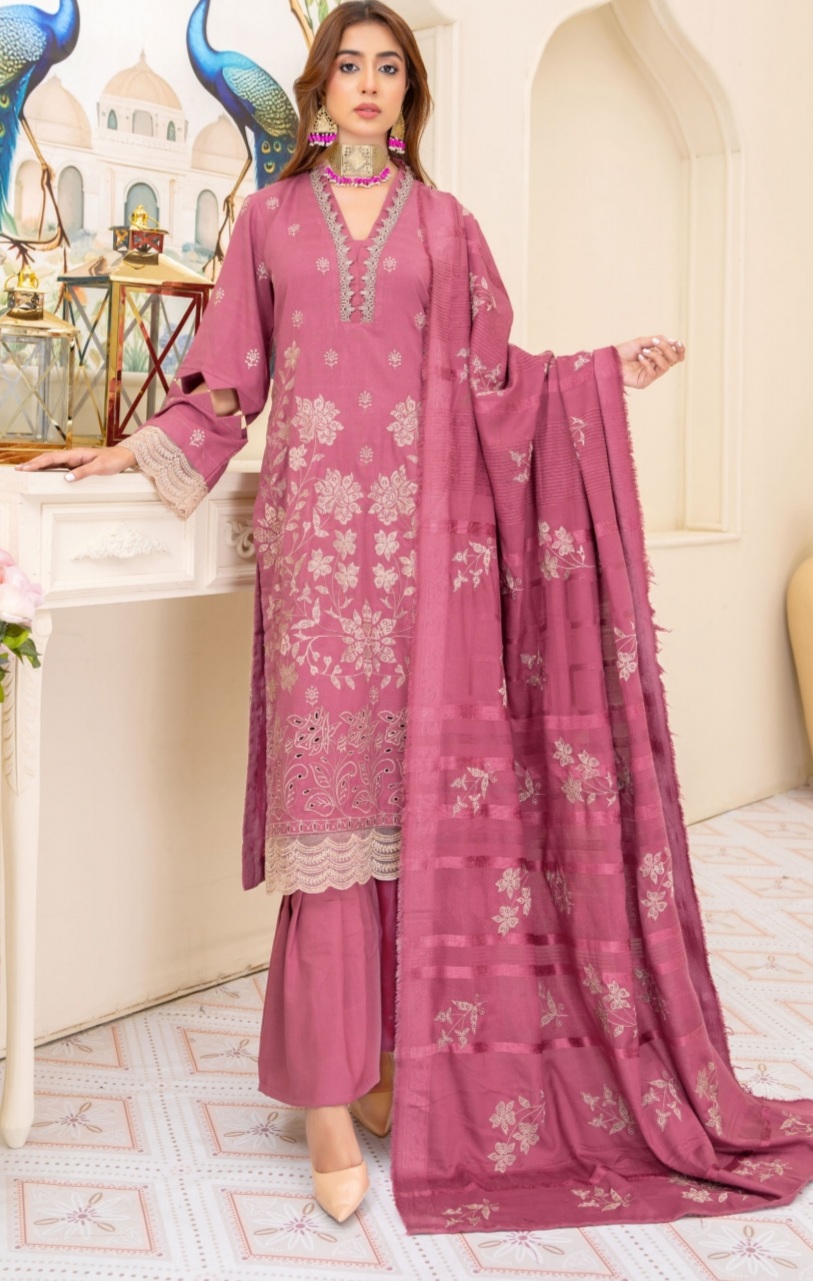 3 Piece Premium Embroidered Un-Stitched Dhanak Dress D-04