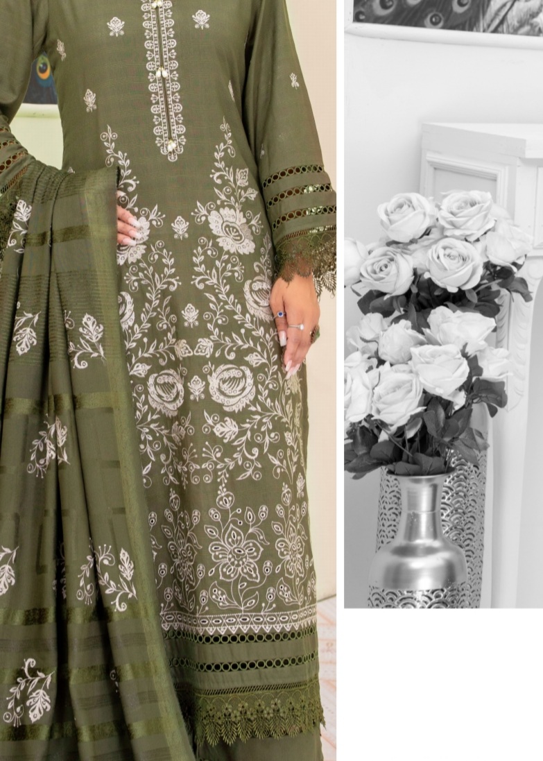3 Piece Premium Embroidered Un-Stitched Dhanak Dress D-03