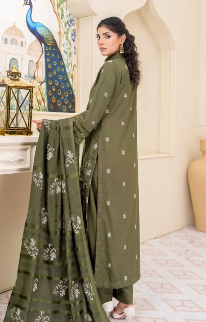 3 Piece Premium Embroidered Un-Stitched Dhanak Dress D-03