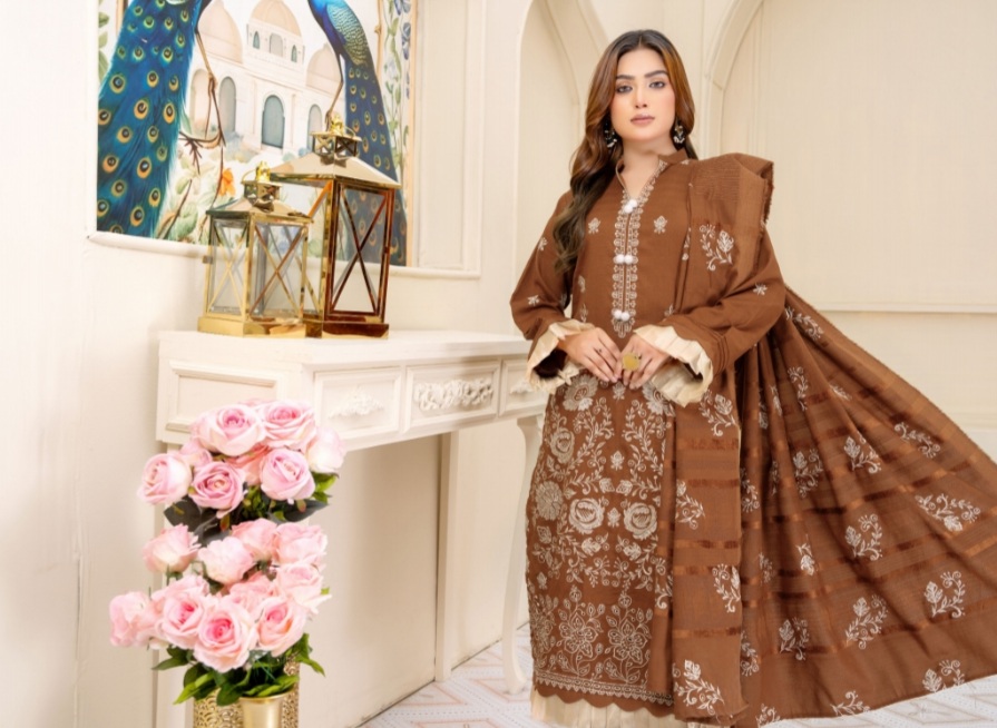 3 Piece Premium Embroidered Un-Stitched Dhanak Dress D-02
