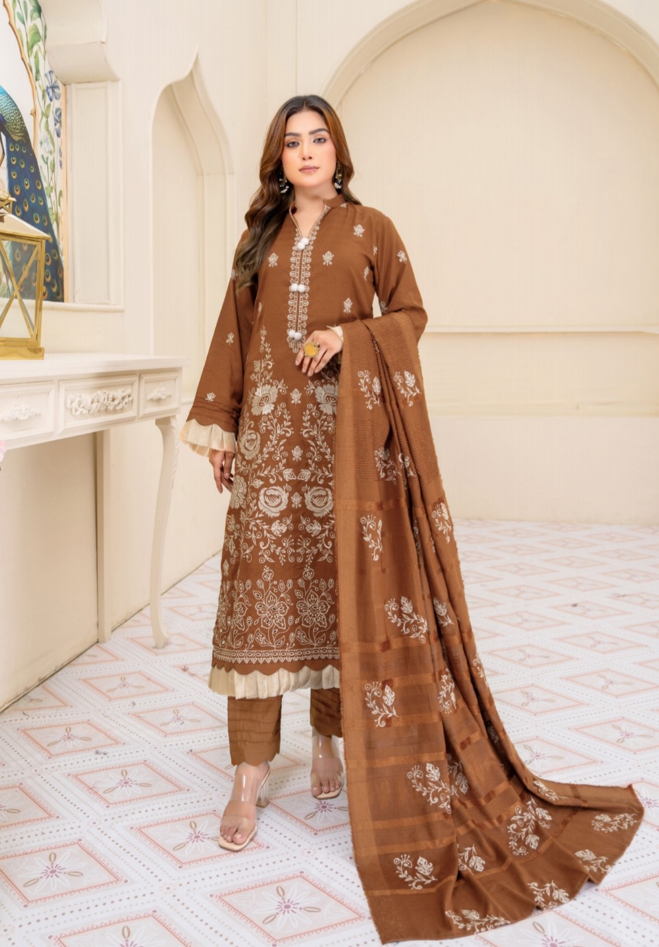 3 Piece Premium Embroidered Un-Stitched Dhanak Dress D-02