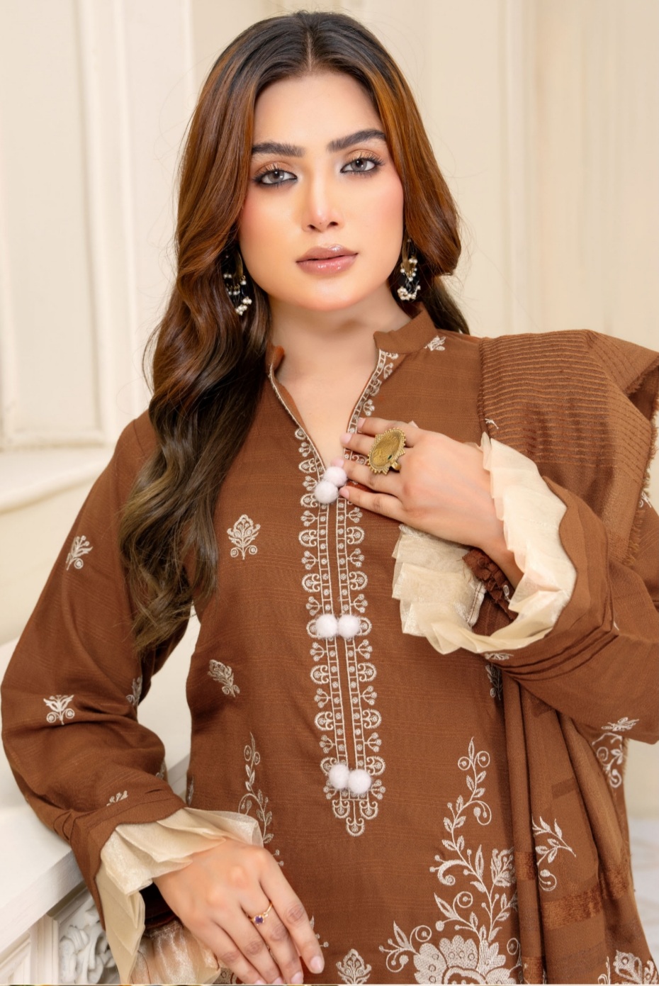 3 Piece Premium Embroidered Un-Stitched Dhanak Dress D-02