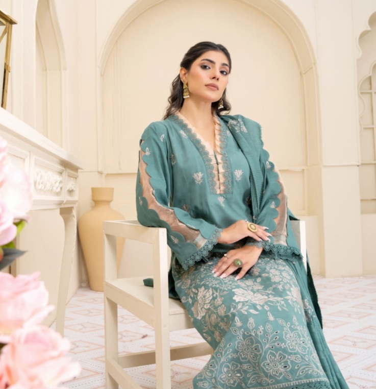 3 Piece Premium Embroidered Un-Stitched Dhanak Dress D-01
