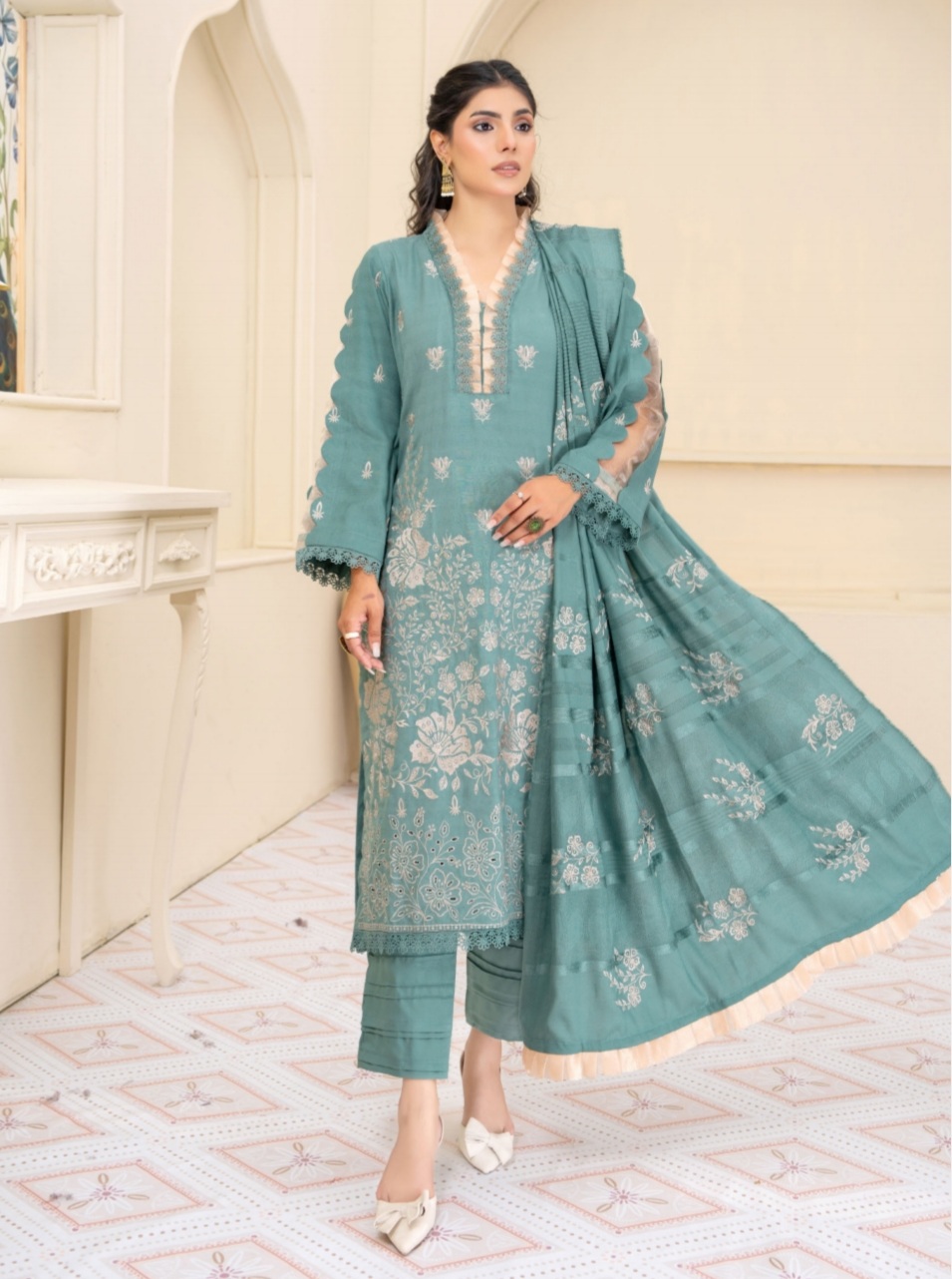 3 Piece Premium Embroidered Un-Stitched Dhanak Dress D-01
