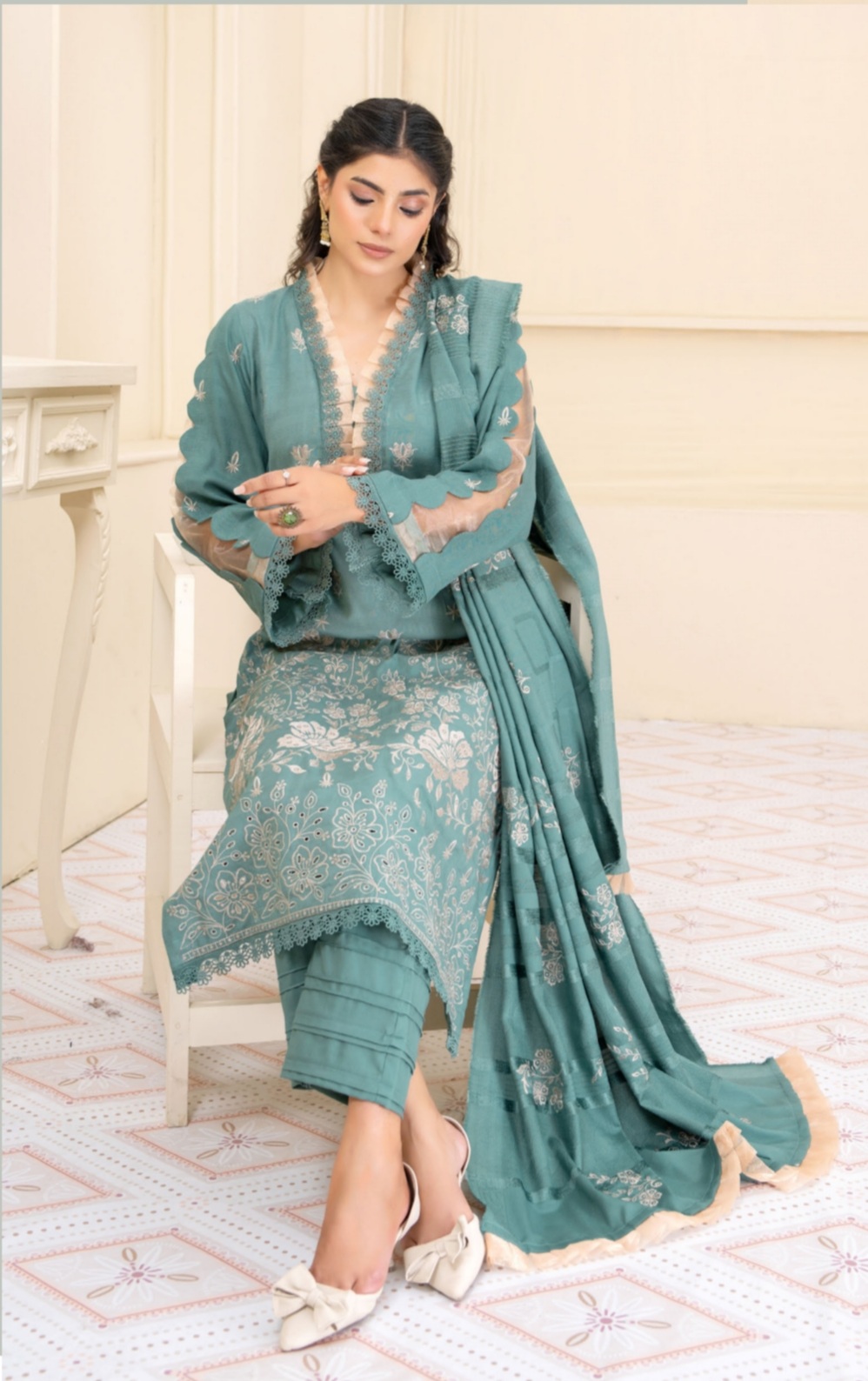3 Piece Premium Embroidered Un-Stitched Dhanak Dress D-01