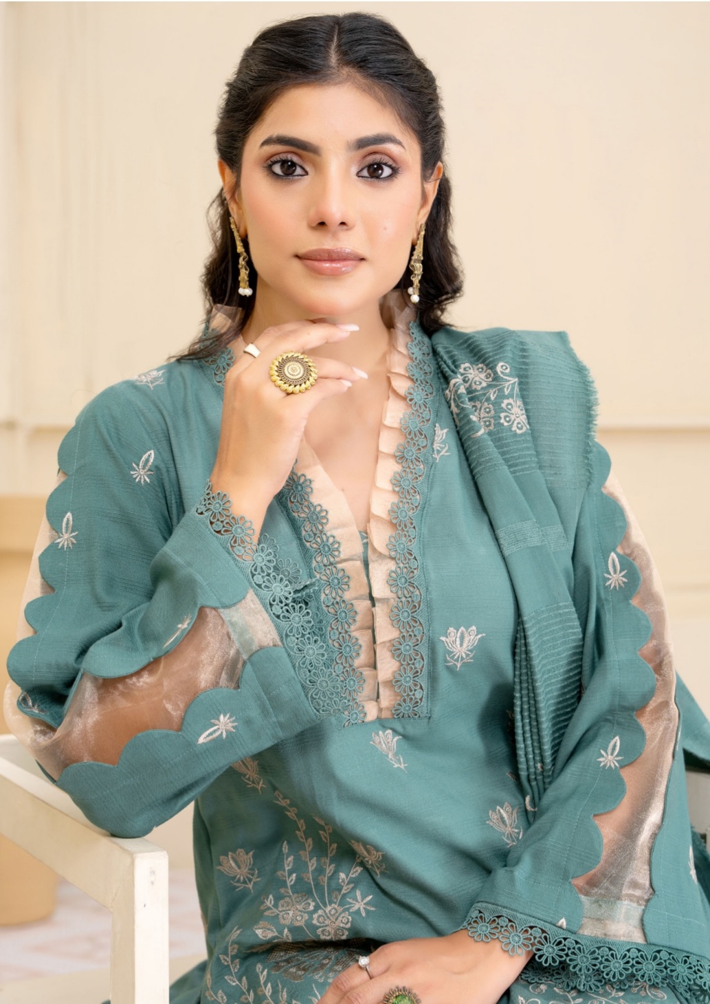 3 Piece Premium Embroidered Un-Stitched Dhanak Dress D-01