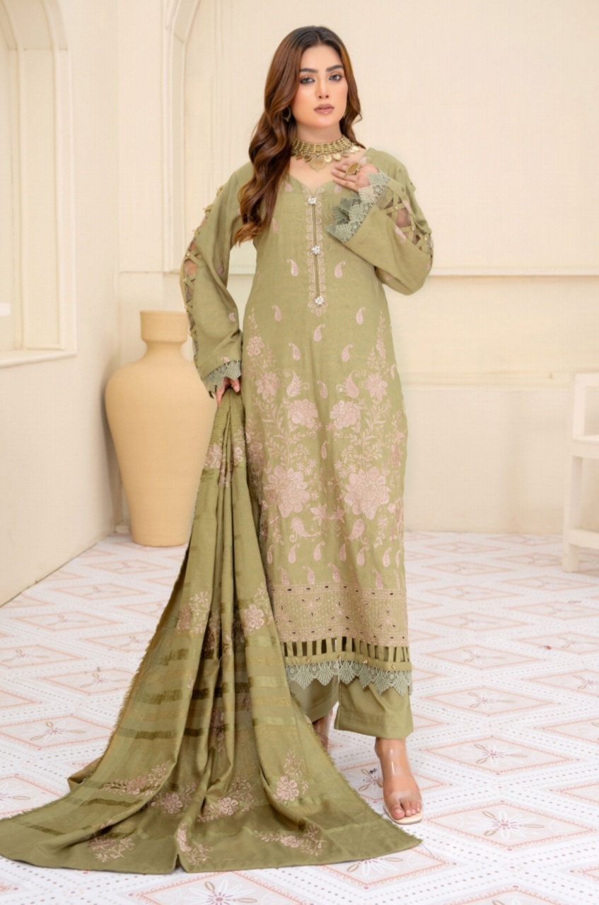 3 Piece Premium Embroidered unstitched Dhanak Dress