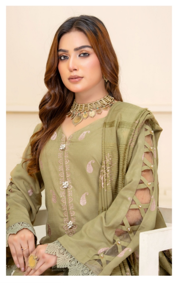 3 Piece Premium Embroidered unstitched Dhanak Dress