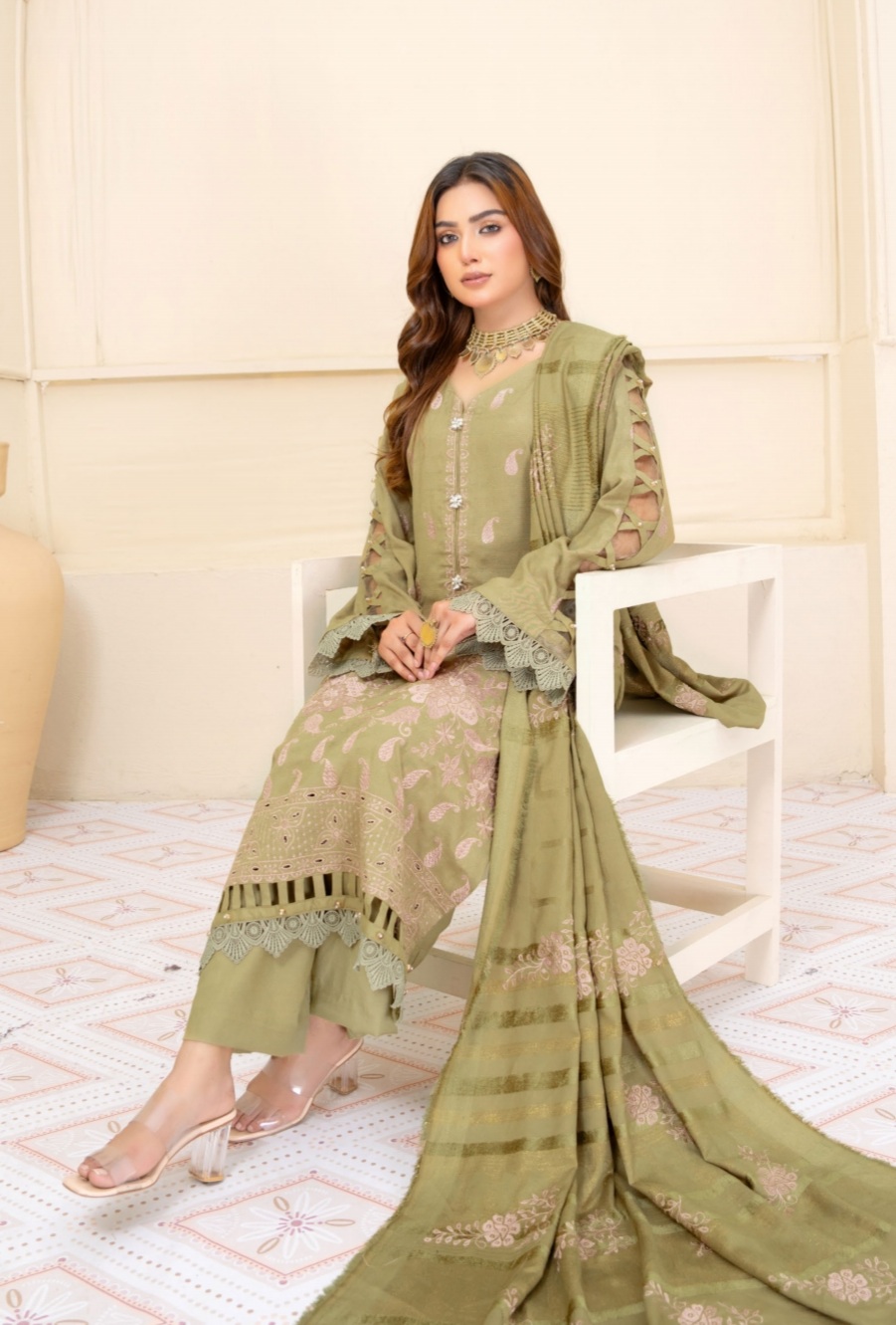 3 Piece Premium Embroidered unstitched Dhanak Dress