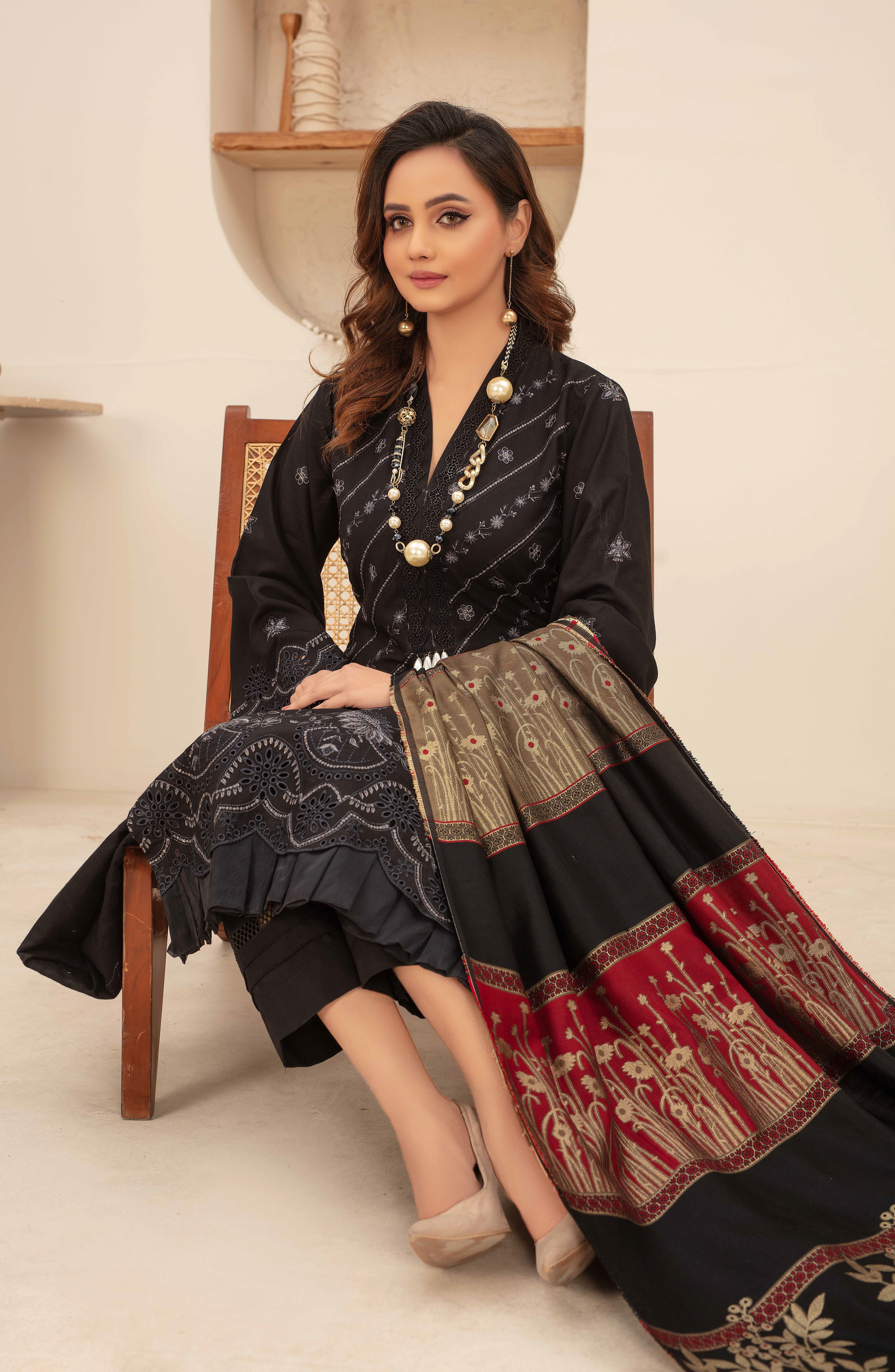 Premium Embroidered Dhanak Suite with Fancy Tik Tok Acrylic Shawl D-01