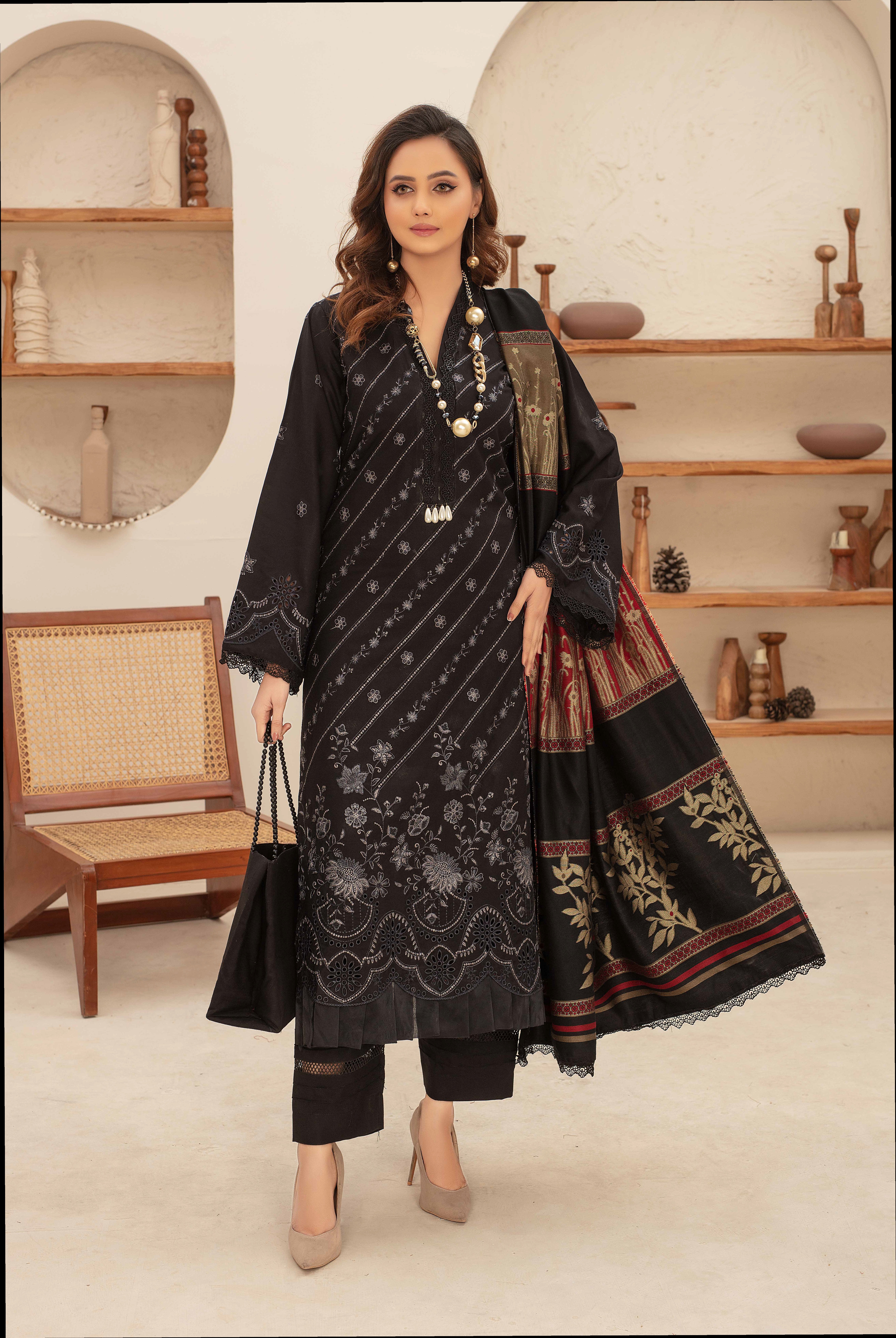 Premium Embroidered Dhanak Suite with Fancy Tik Tok Acrylic Shawl D-01