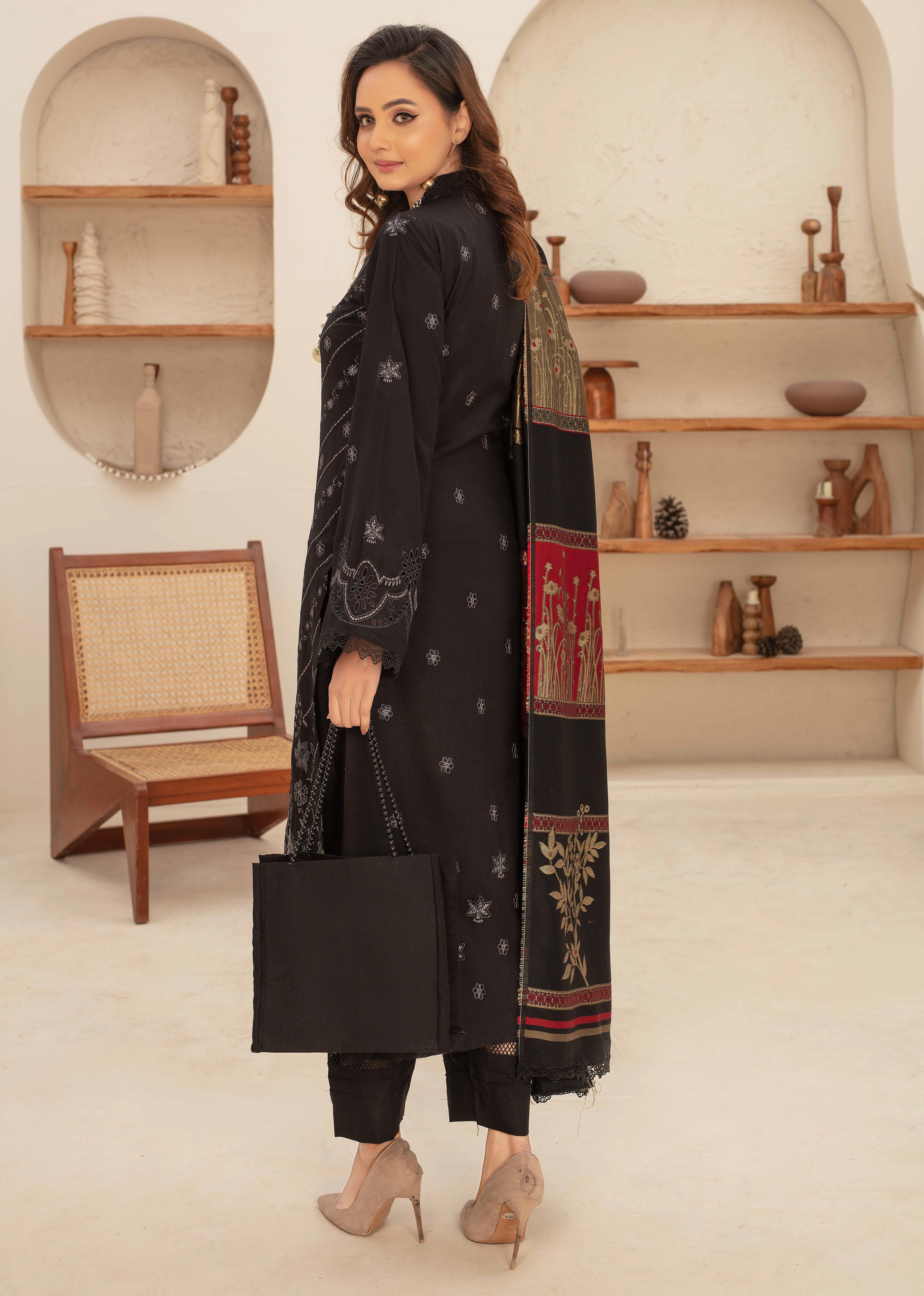 Premium Embroidered Dhanak Suite with Fancy Tik Tok Acrylic Shawl D-01