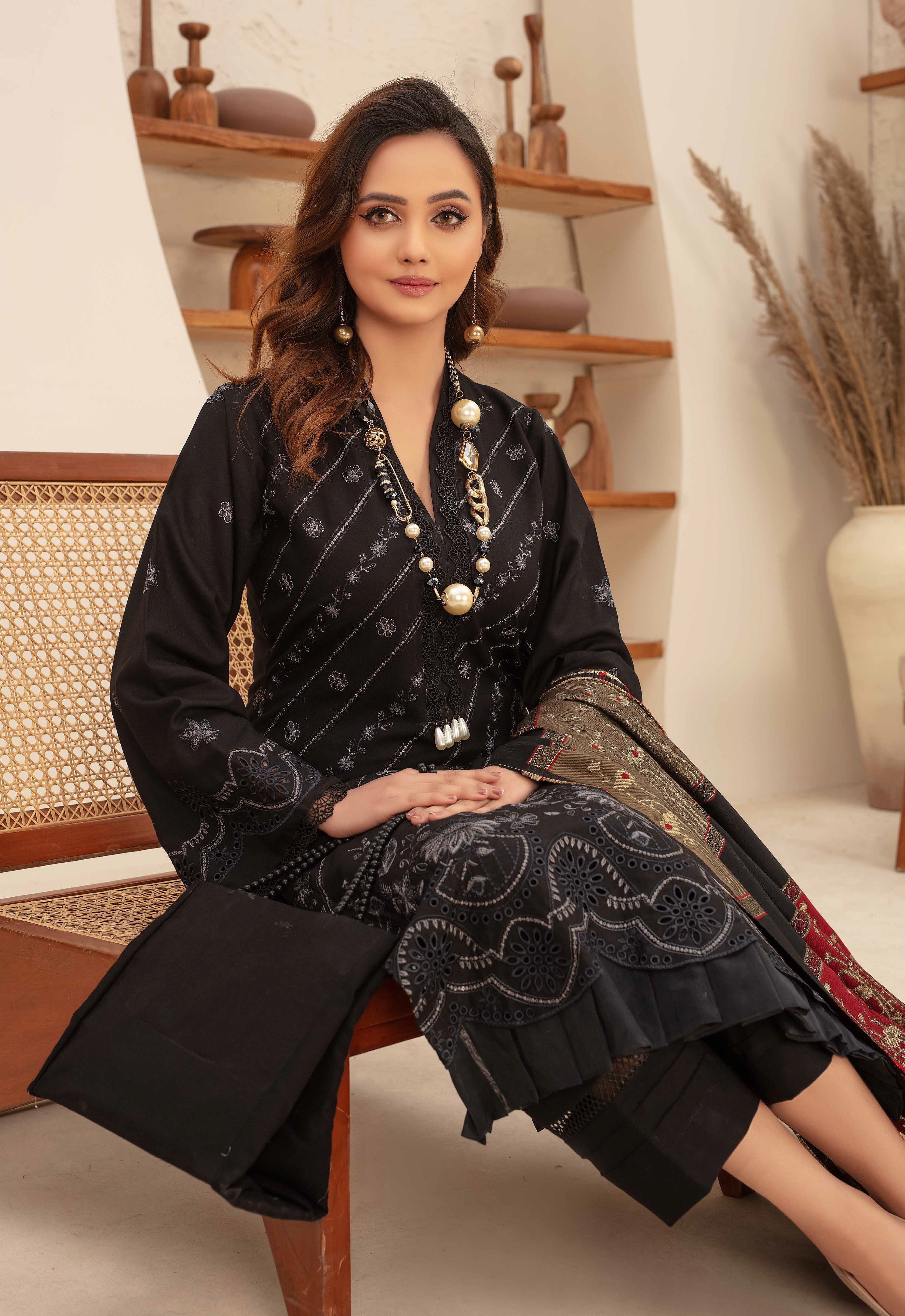Premium Embroidered Dhanak Suite with Fancy Tik Tok Acrylic Shawl D-01