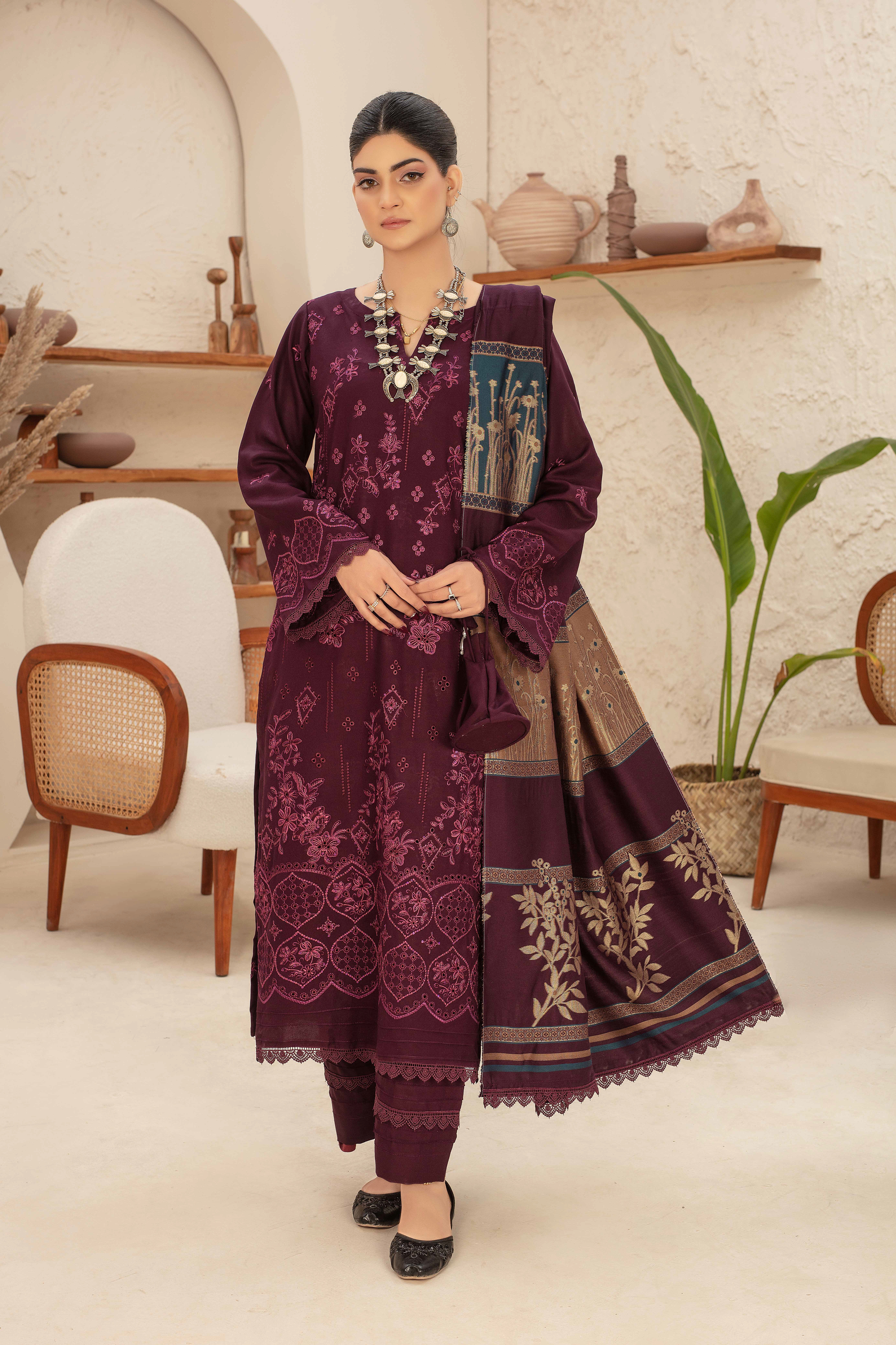 Premium Embroidered Dhanak Suite with Fancy Tik Tok Acrylic Shawl D-06