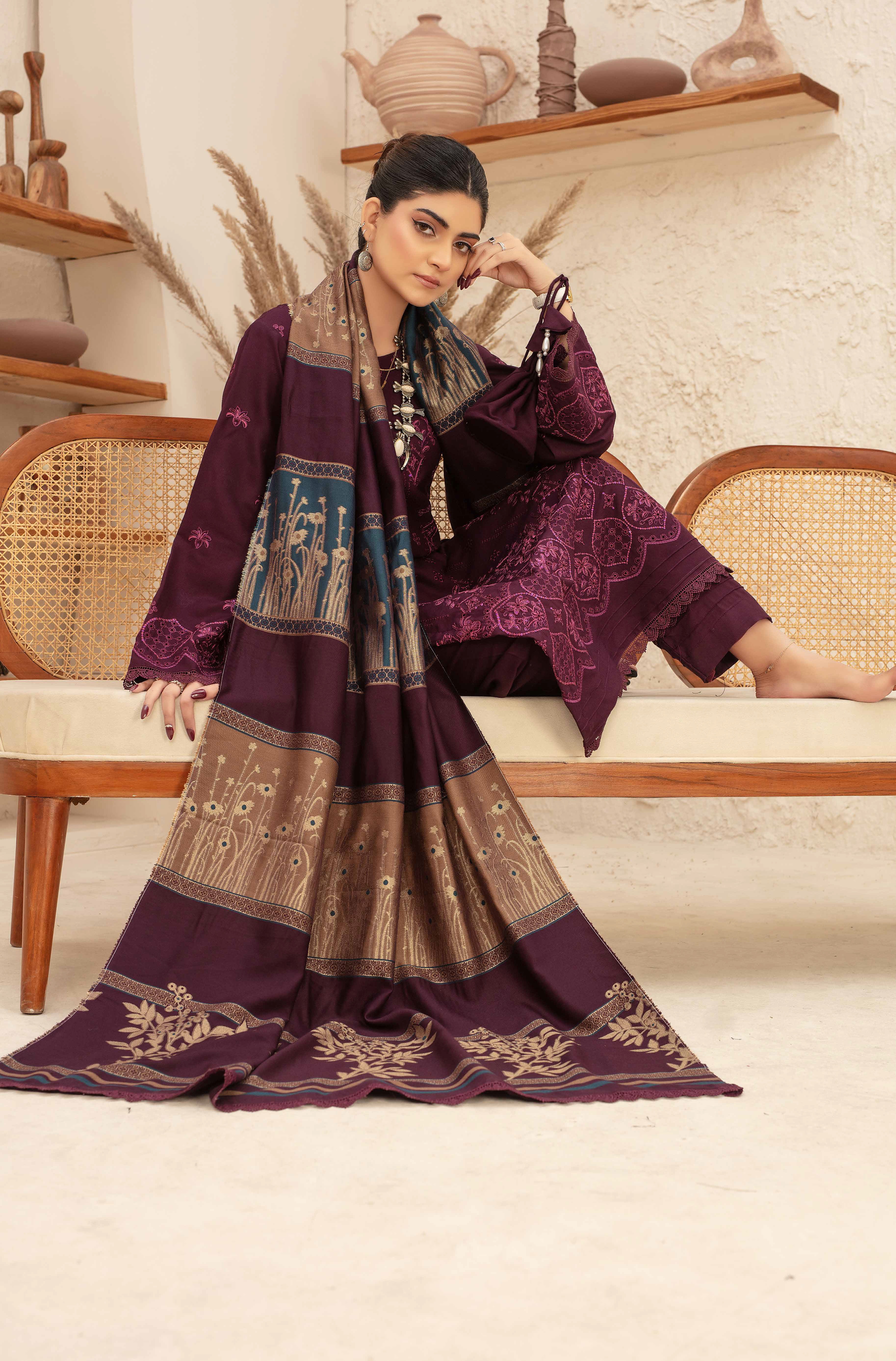 Premium Embroidered Dhanak Suite with Fancy Tik Tok Acrylic Shawl D-06
