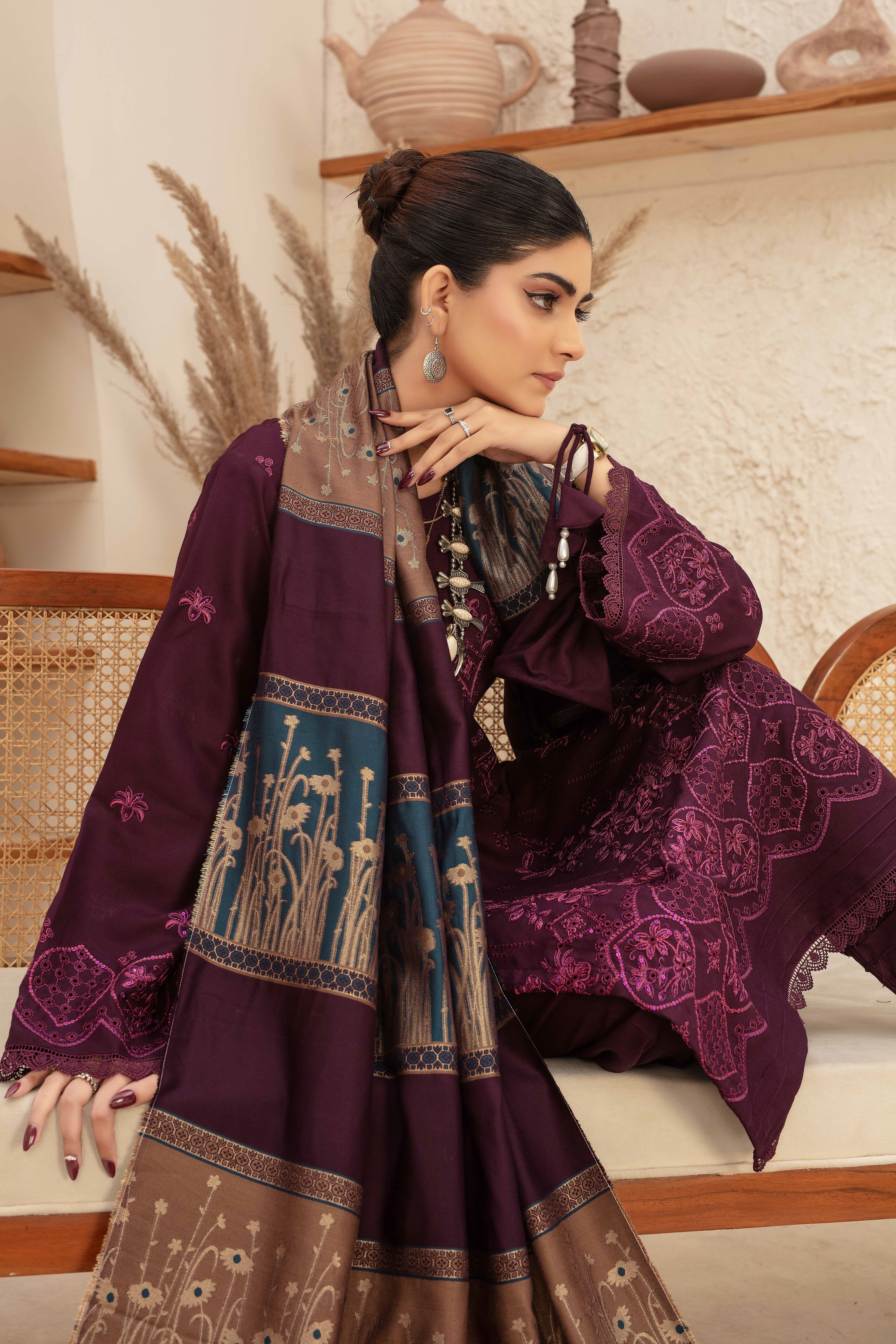 Premium Embroidered Dhanak Suite with Fancy Tik Tok Acrylic Shawl D-06