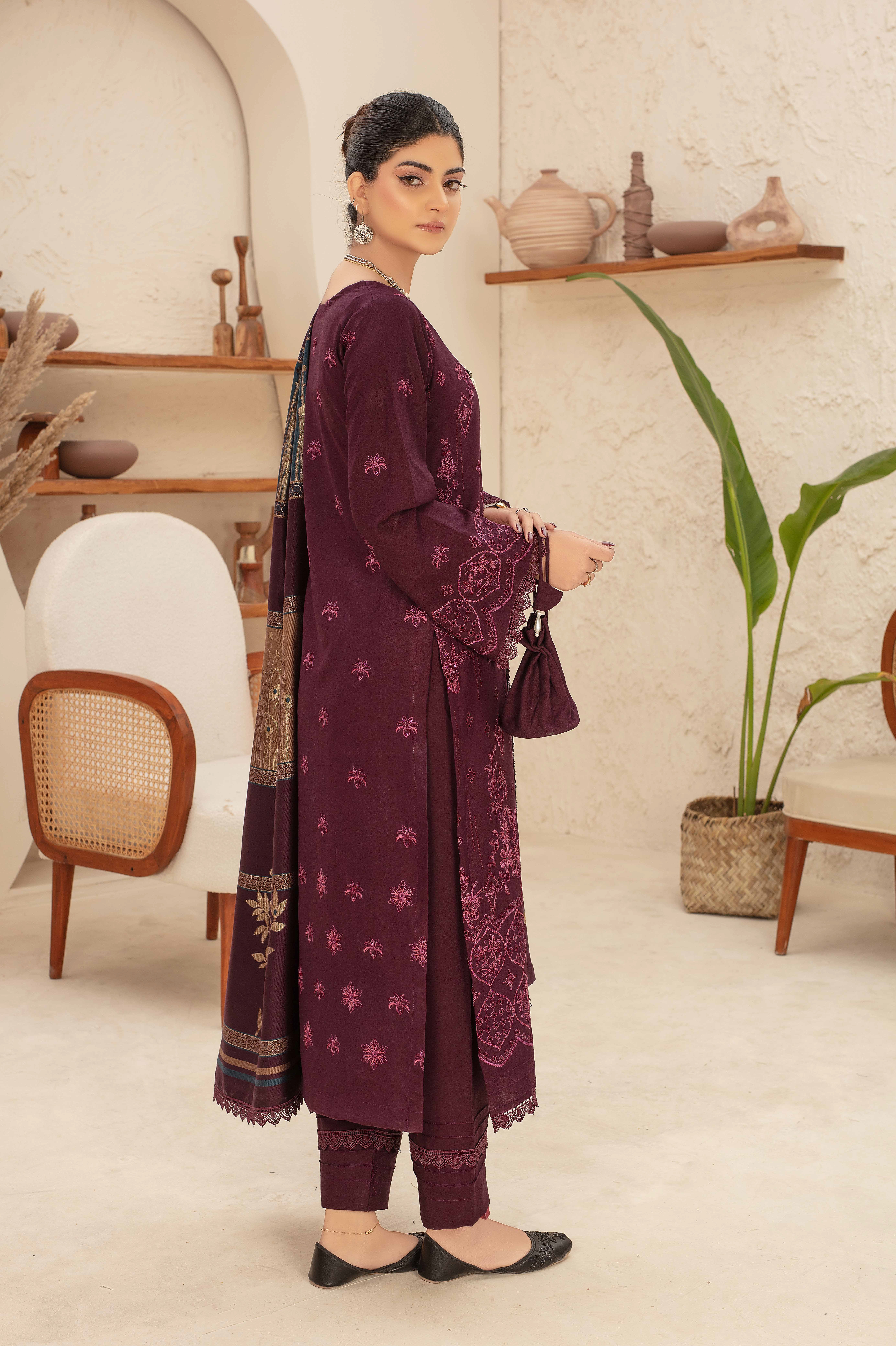 Premium Embroidered Dhanak Suite with Fancy Tik Tok Acrylic Shawl D-06