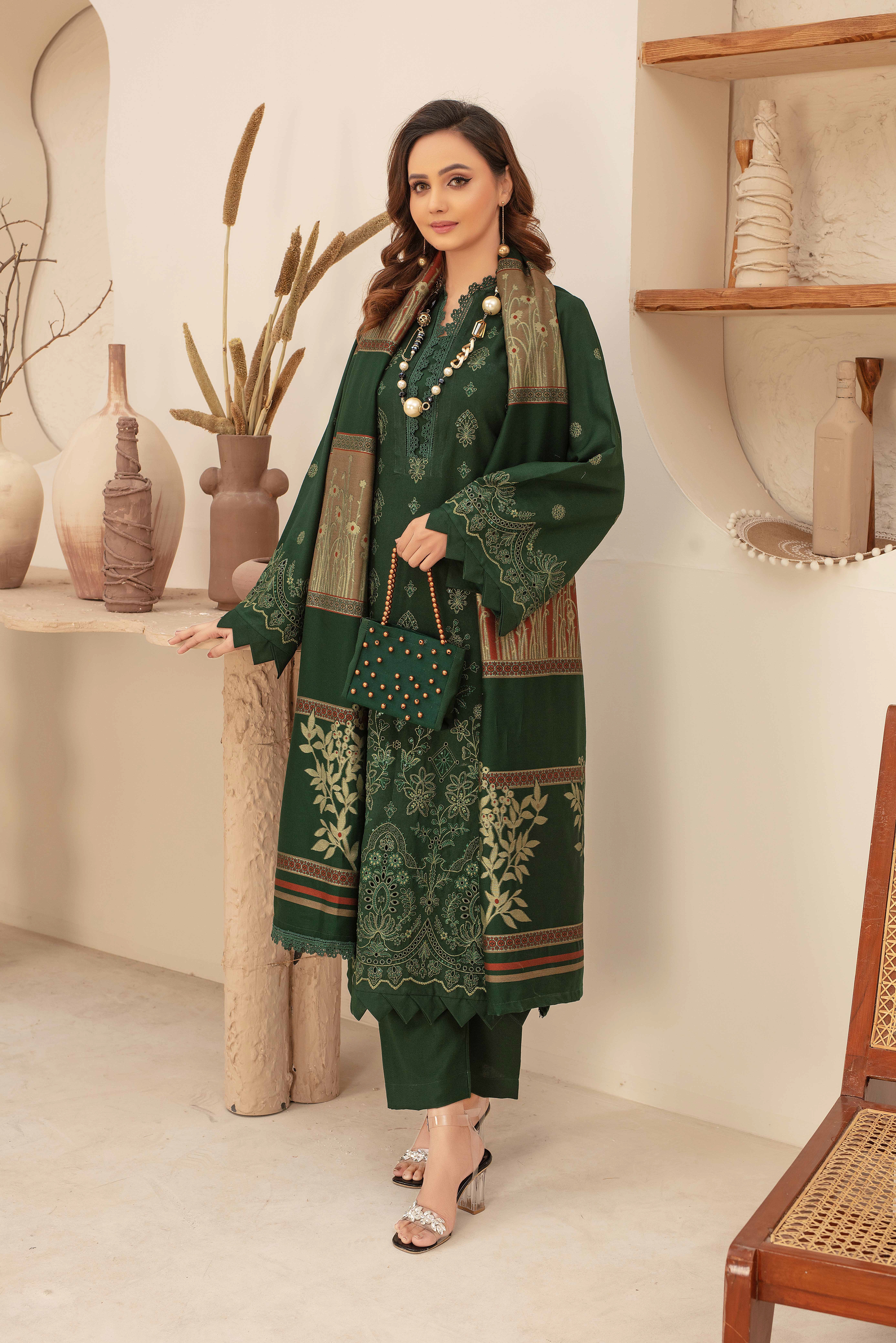 Premium Embroidered Dhanak Suite with Fancy Tik Tok Acrylic Shawl D-03