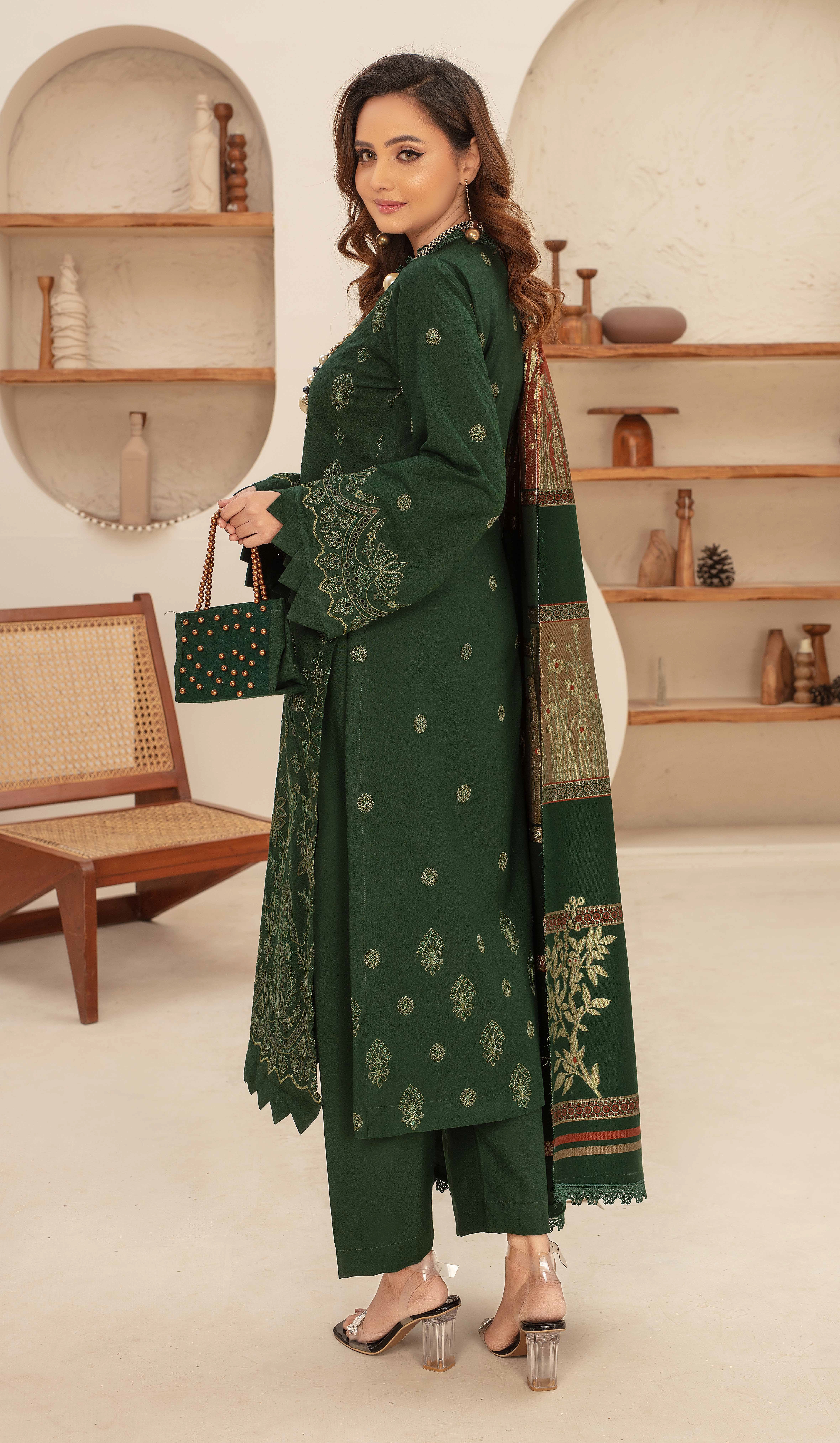Premium Embroidered Dhanak Suite with Fancy Tik Tok Acrylic Shawl D-03