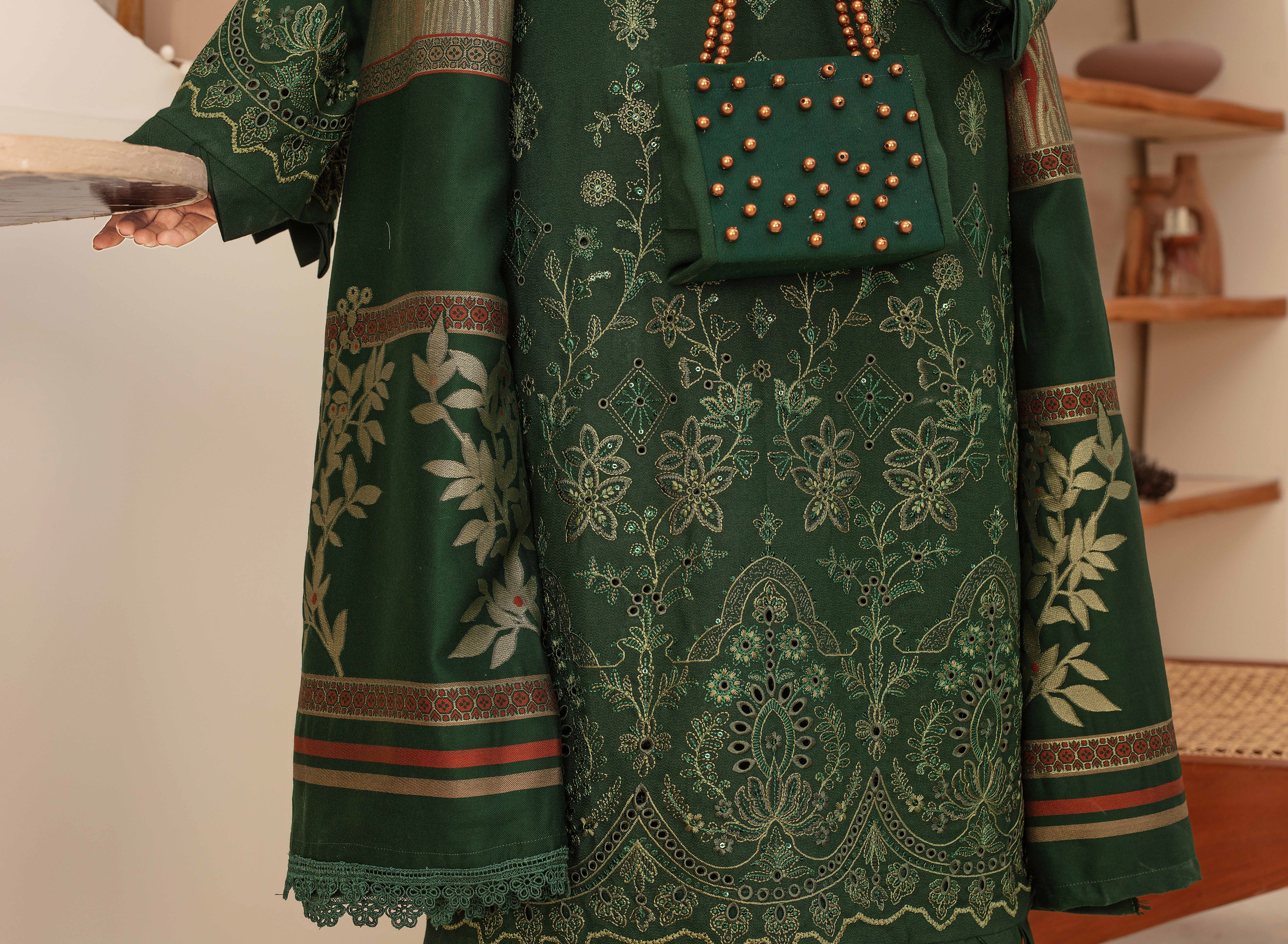 Premium Embroidered Dhanak Suite with Fancy Tik Tok Acrylic Shawl D-03