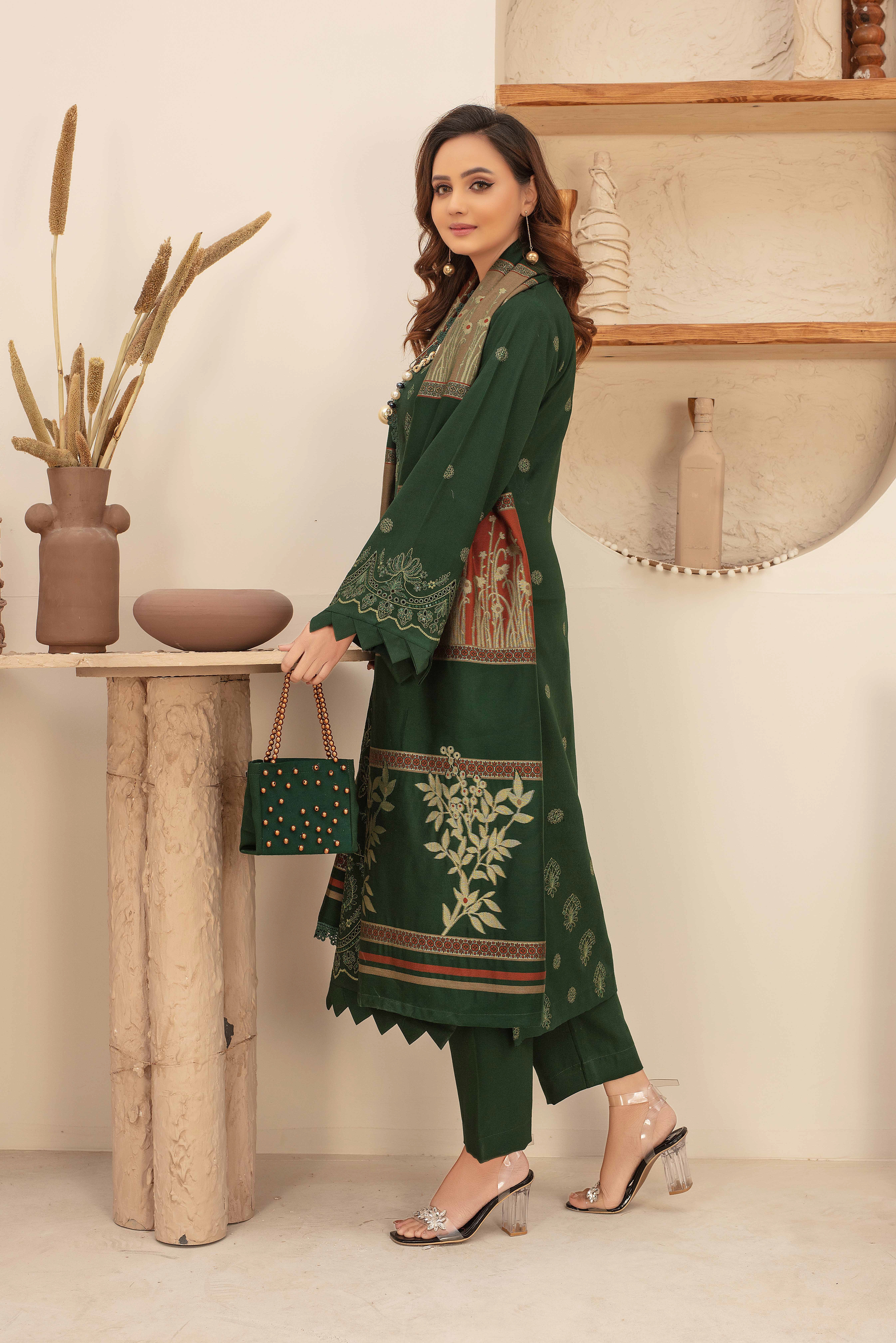 Premium Embroidered Dhanak Suite with Fancy Tik Tok Acrylic Shawl D-03