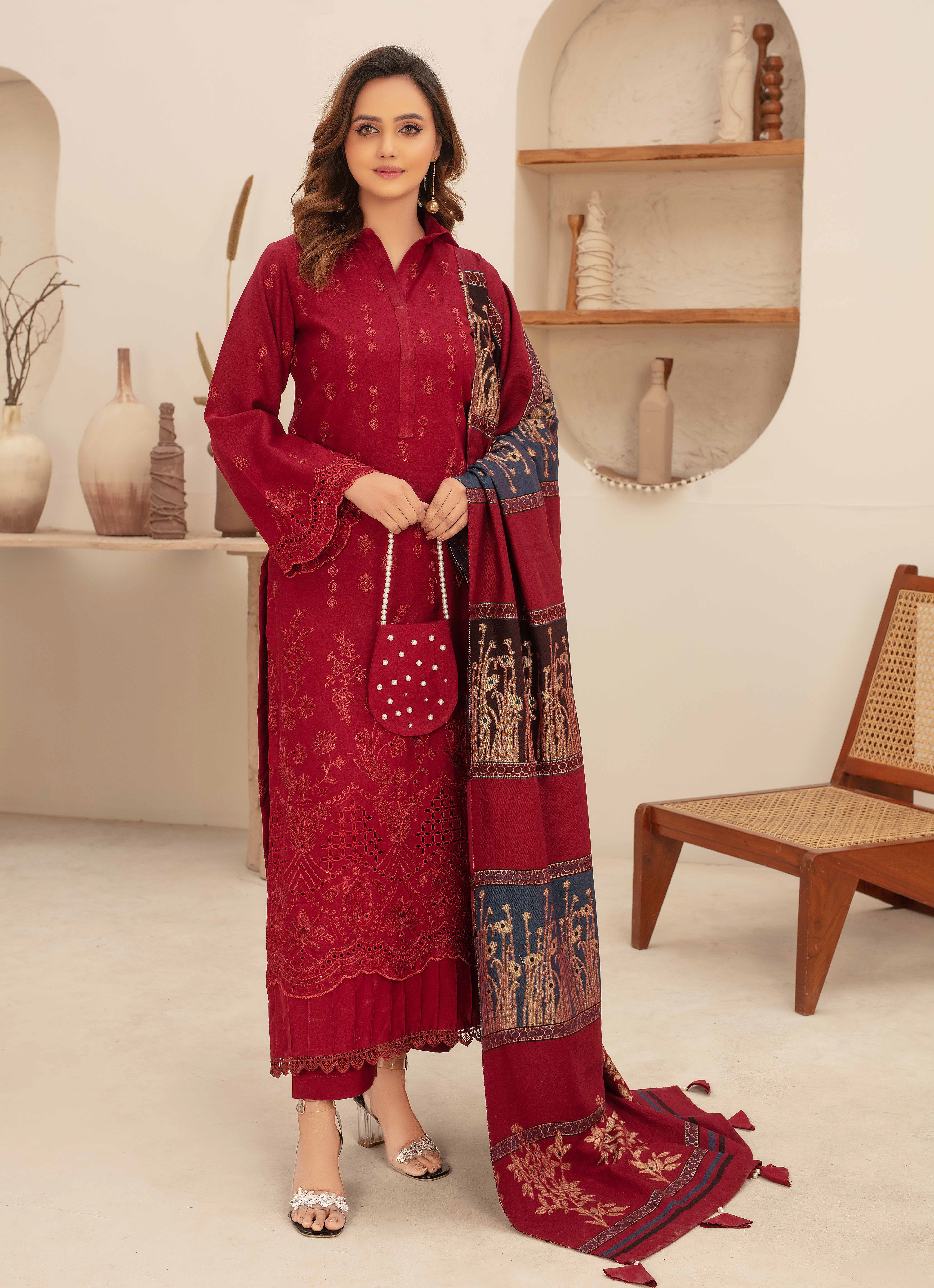 Premium Embroidered Dhanak Suite with Fancy Tik Tok Acrylic Shawl D-04