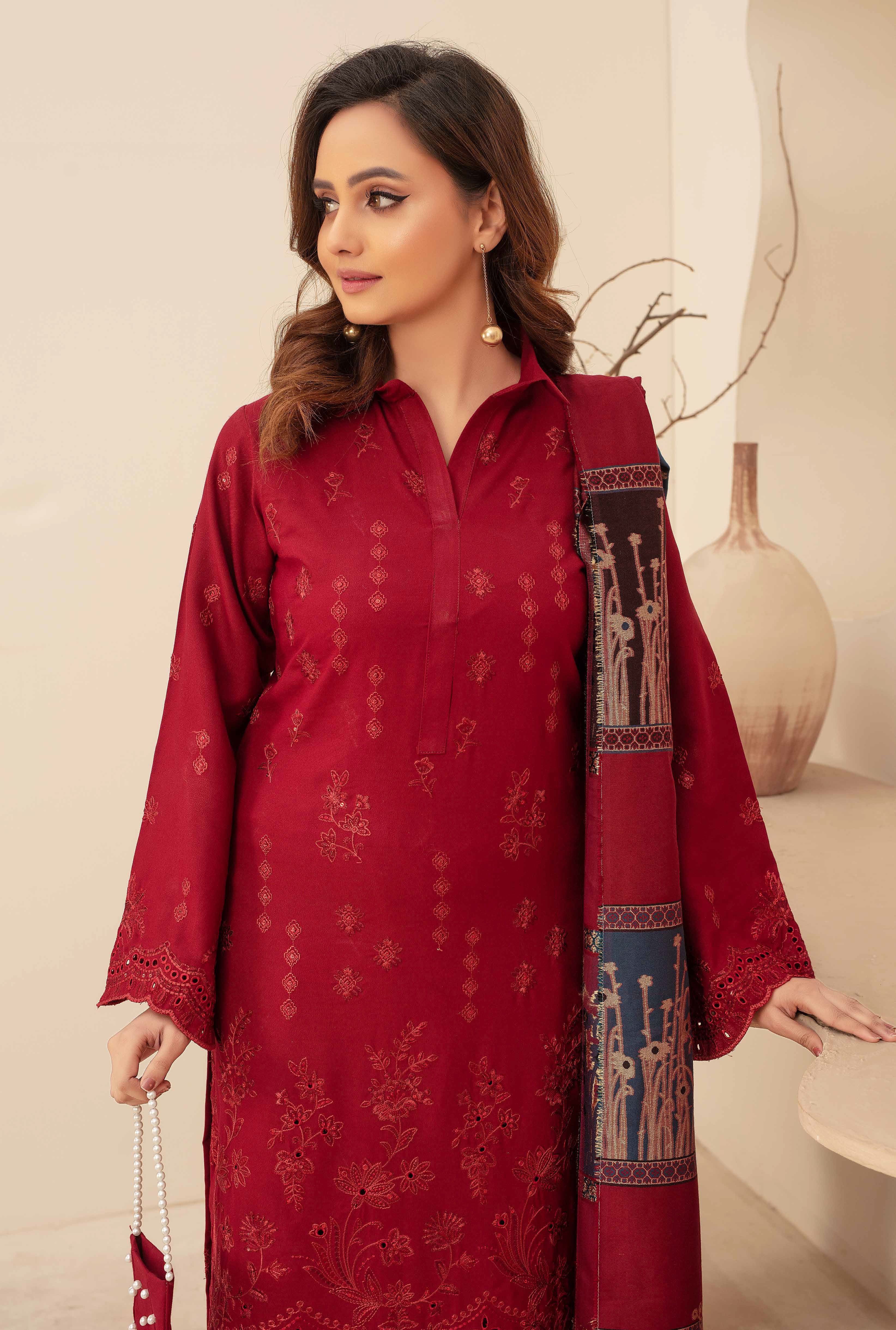 Premium Embroidered Dhanak Suite with Fancy Tik Tok Acrylic Shawl D-04