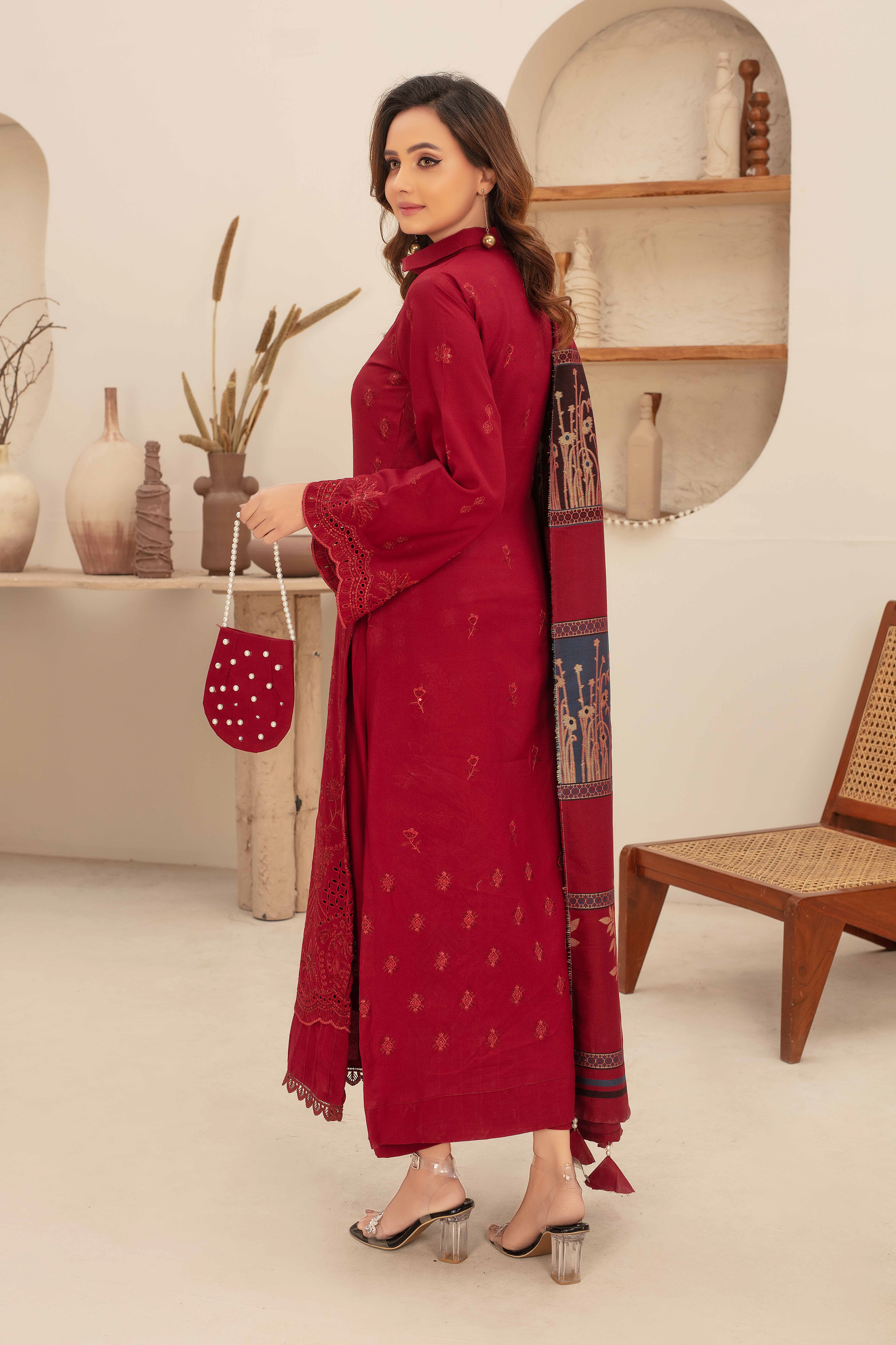 Premium Embroidered Dhanak Suite with Fancy Tik Tok Acrylic Shawl D-04