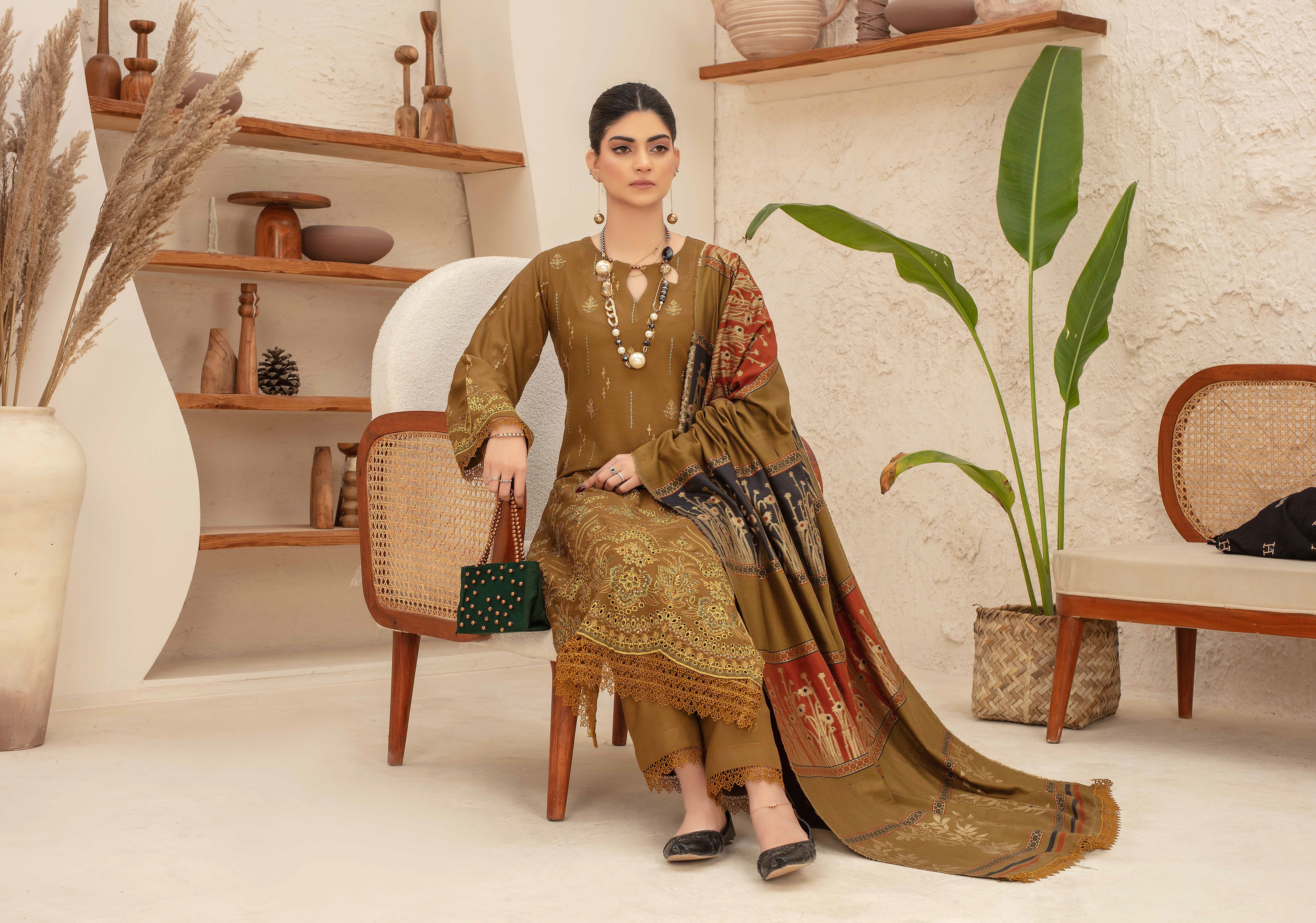 Premium Embroidered Dhanak Suite with Fancy Tik Tok Acrylic Shawl D-05