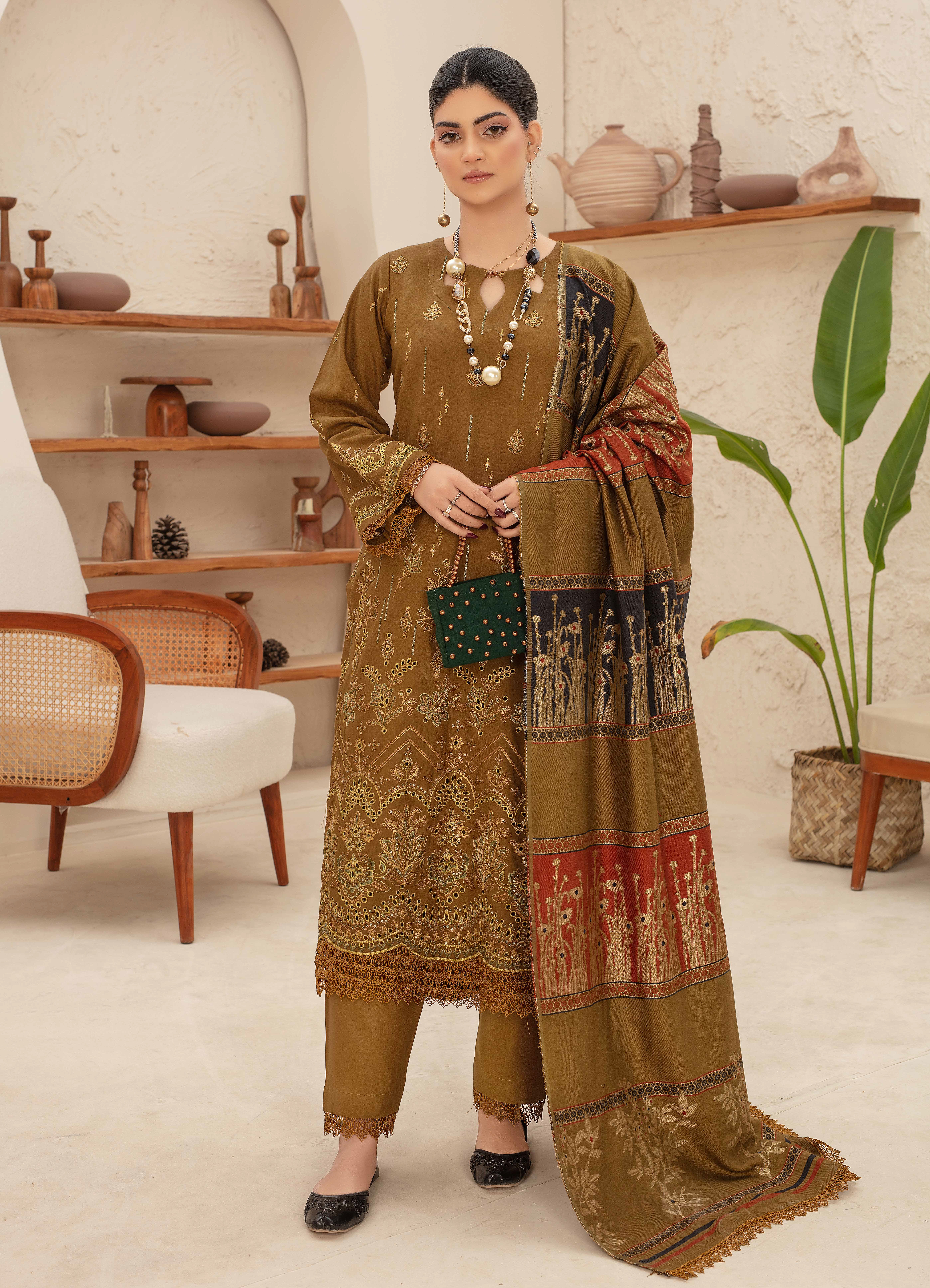 Premium Embroidered Dhanak Suite with Fancy Tik Tok Acrylic Shawl D-05